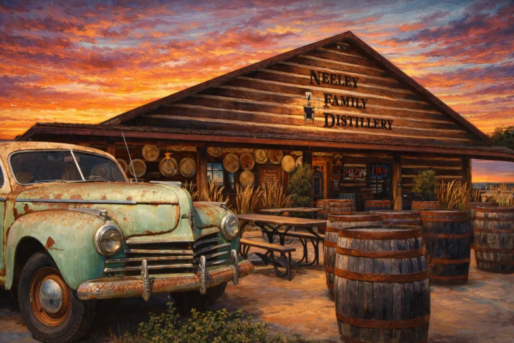 Vintage green pickup parked by barrel tables and picnic seating outside Neeley Family Distillery at sunset.