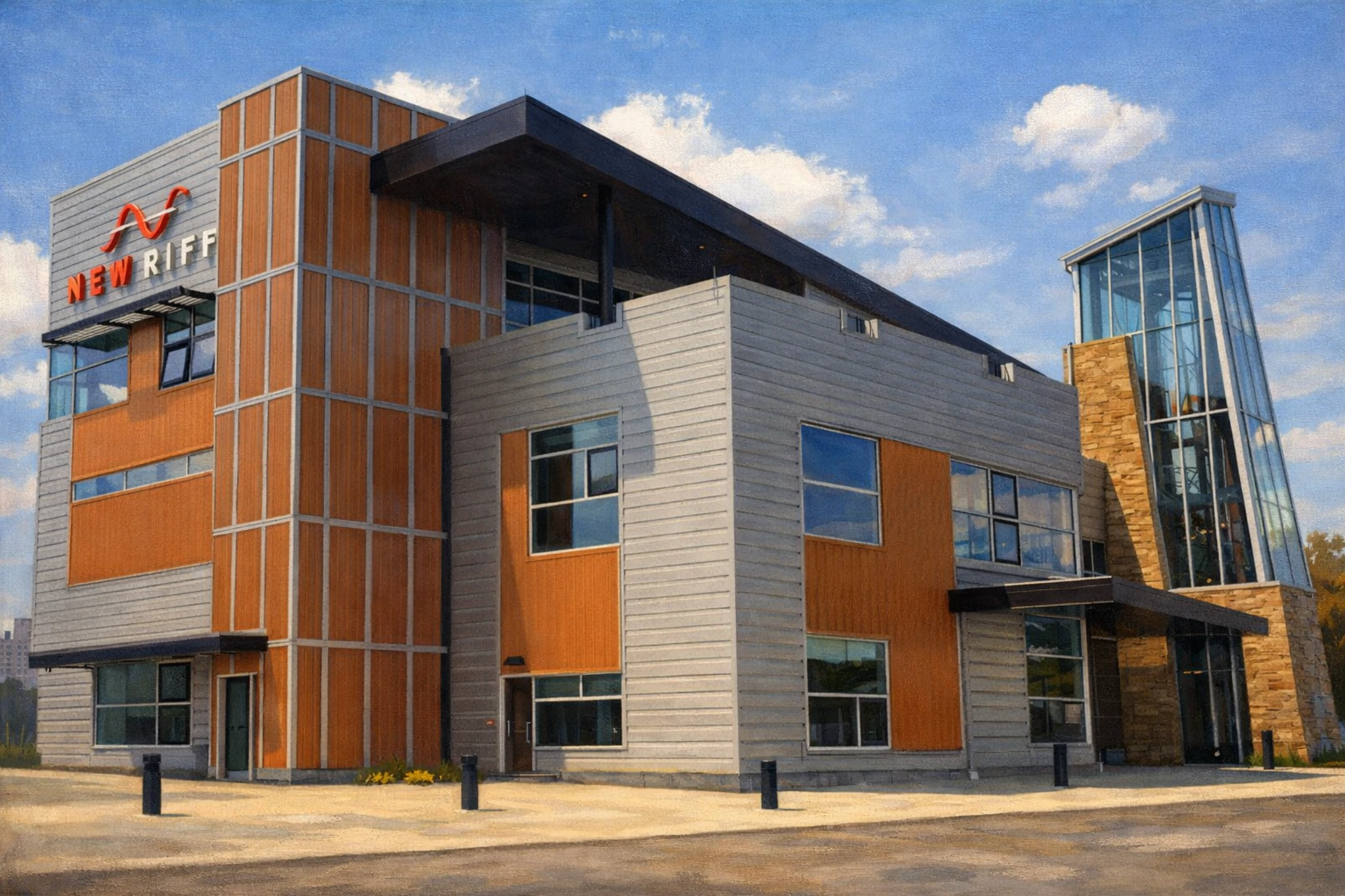 Exterior view of the modern New Riff Distilling building with the New Riff logo on the facade under a blue sky.