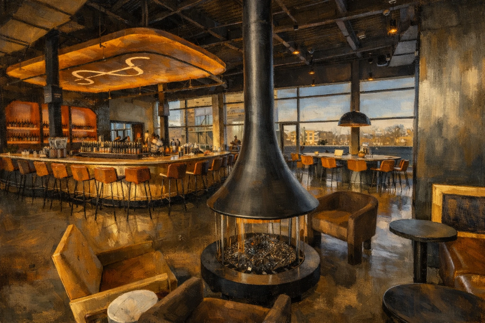 New Riff Distilling tasting room with a circular bar, warm lighting, and a modern hanging fireplace in the center seating area.