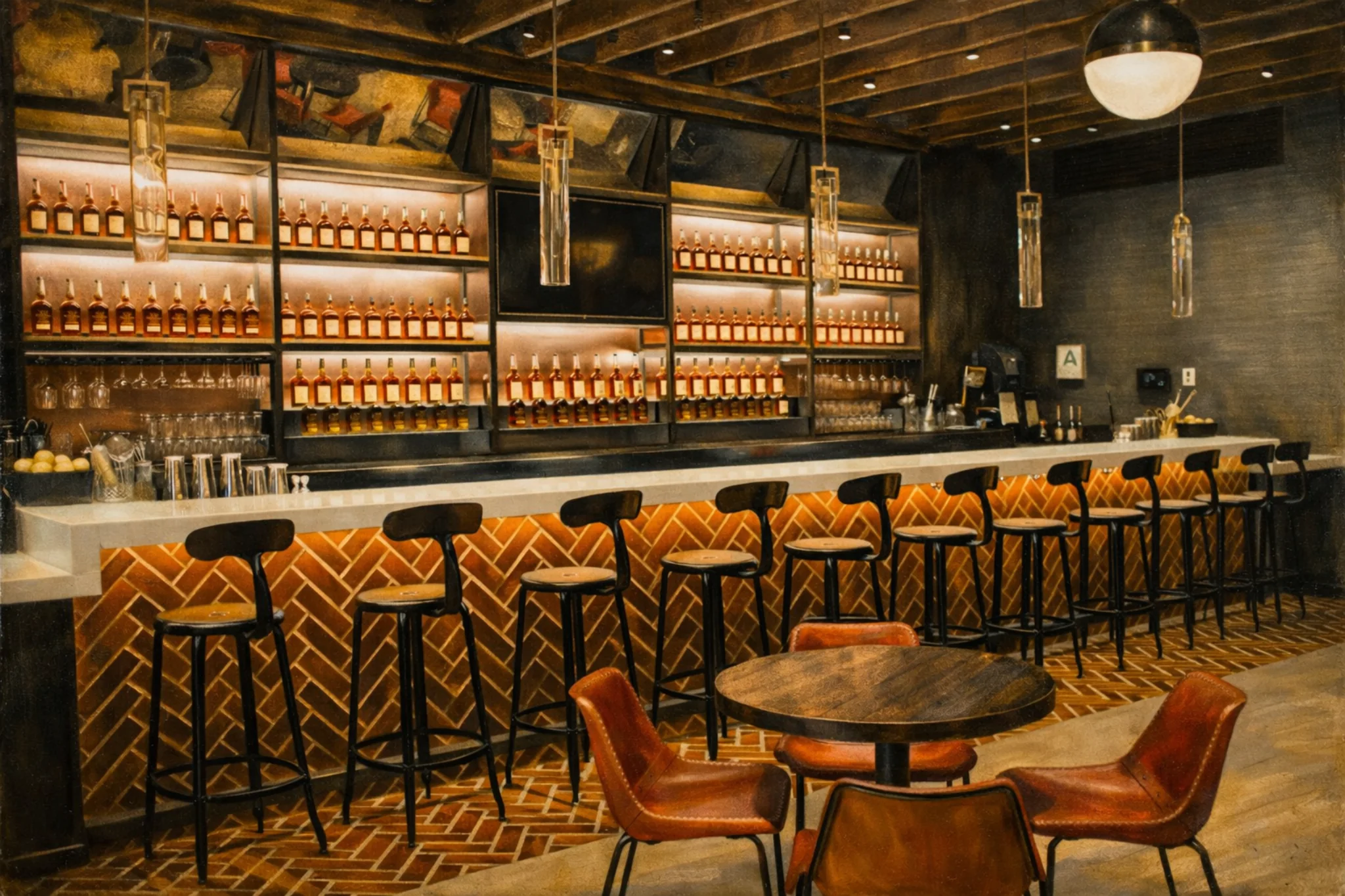 Bar interior with backlit shelves lined with bourbon bottles, herringbone tile bar front, and tall bar stools.
