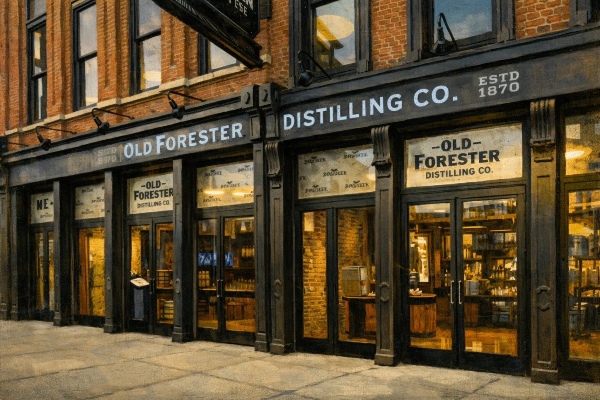 Old Forester Distilling Co. storefront exterior with large windows and signage reading “Old Forester Distilling Co., ESTD 1870.”