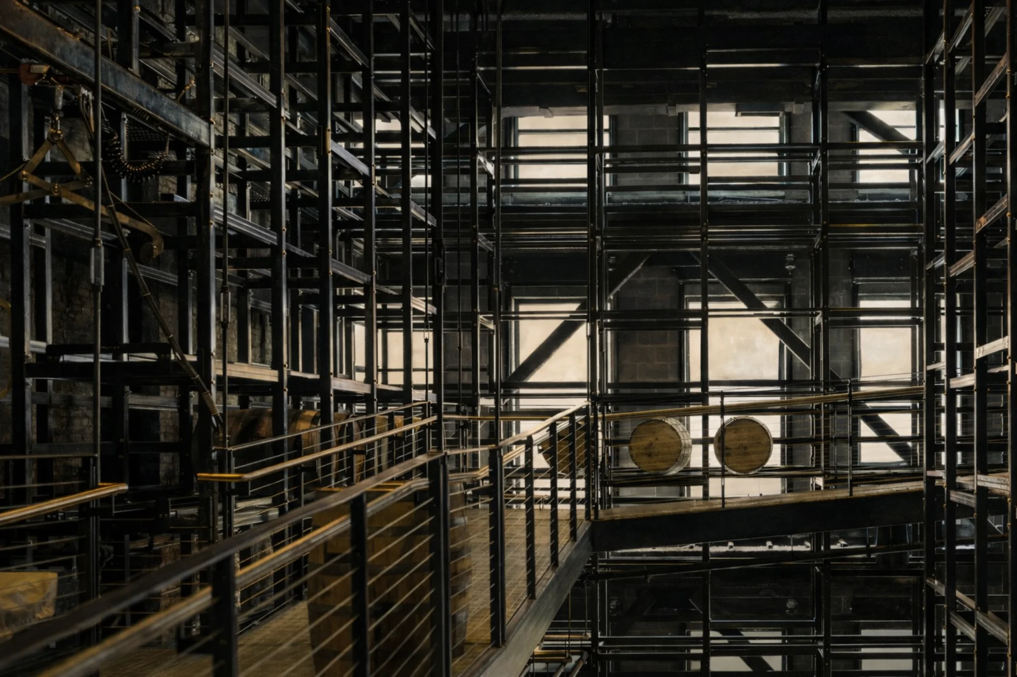 Interior view of a steel rackhouse structure with catwalks and bourbon barrels visible behind metal framing.