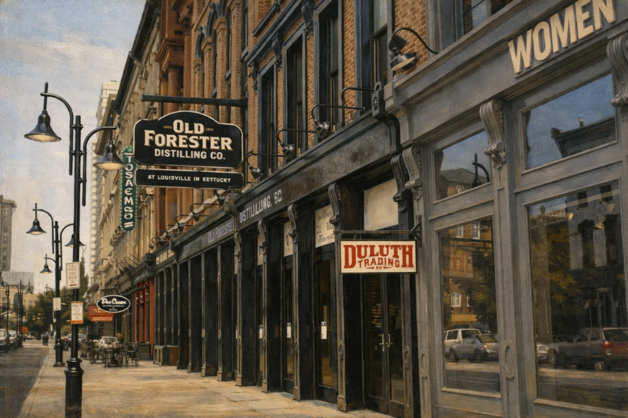Whiskey Row street view showing the Old Forester Distilling Co. hanging sign and storefronts along a city sidewalk in Louisville.