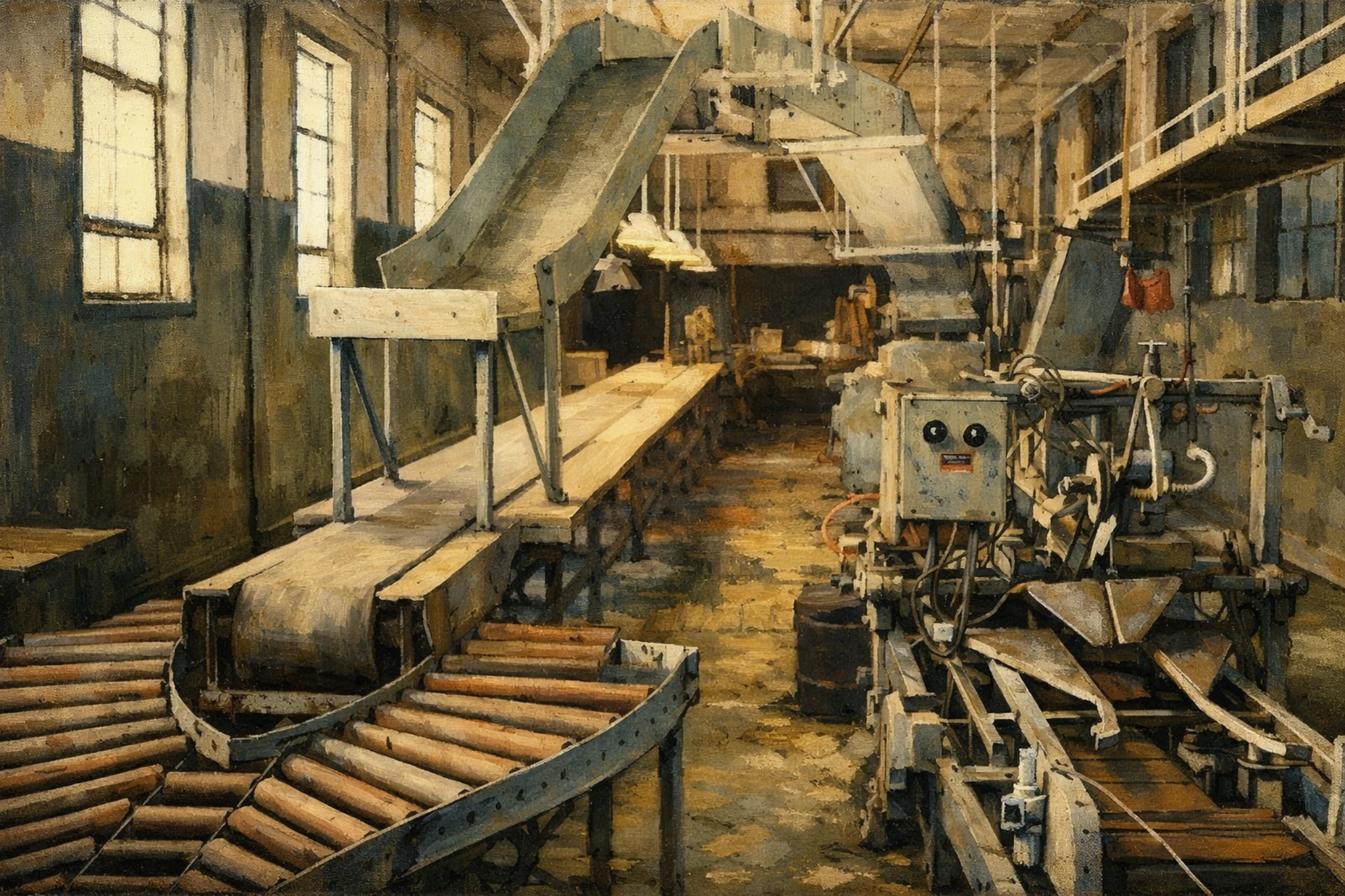 Industrial interior with conveyor lines, rollers, and equipment inside an old production building with tall windows.