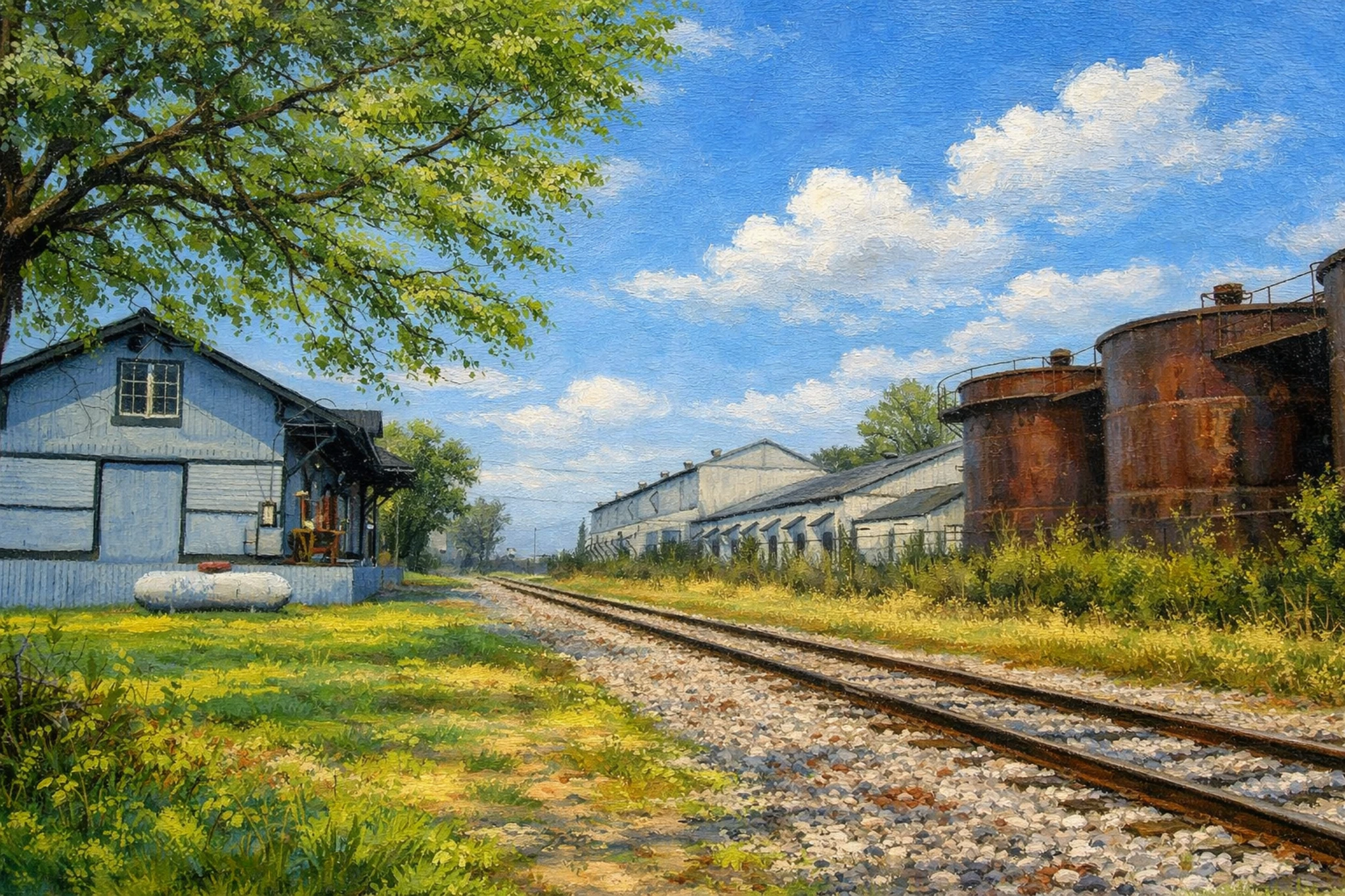 Railroad tracks running past an industrial site with a small blue building and large rusted storage tanks under a bright summer sky.