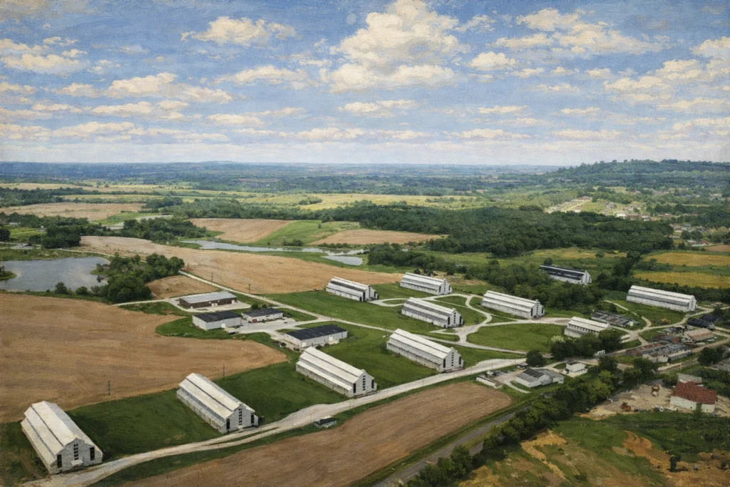 Aerial view of multiple white rickhouses and buildings spread across green farmland with ponds and rolling countryside in the distance.