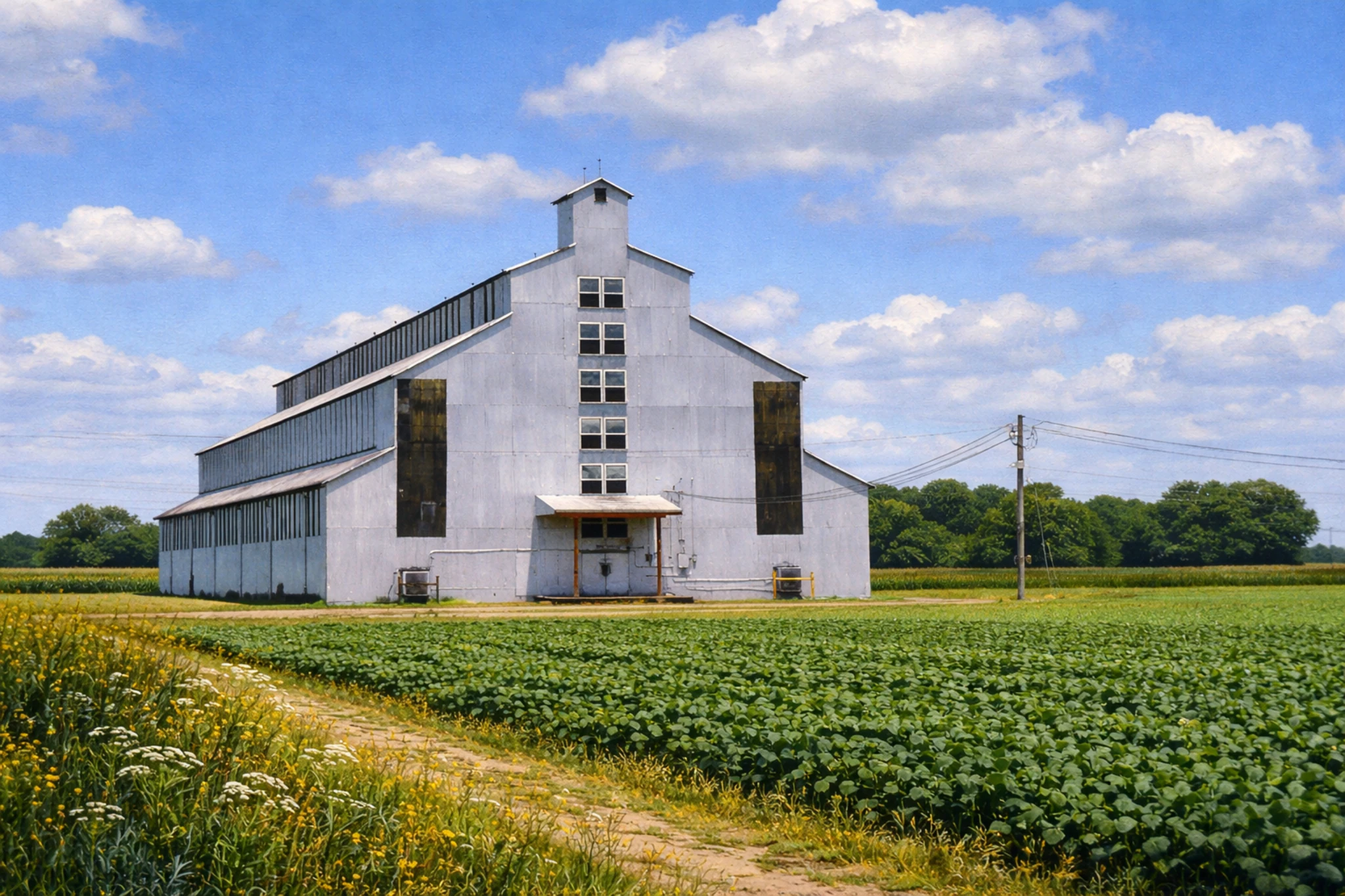 Front view of a single white rickhouse building beside crop fields under a sunny sky with power lines nearby.