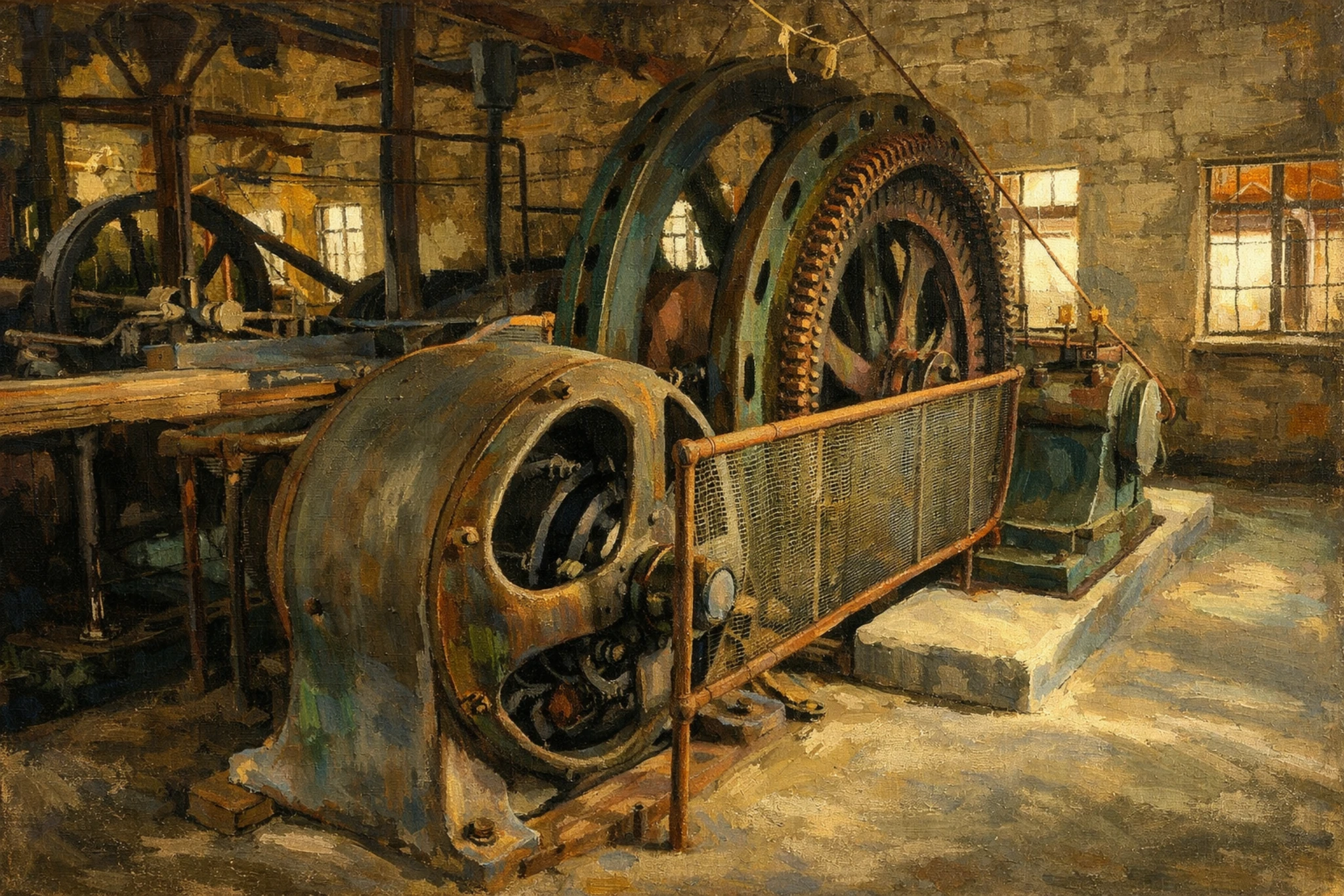 Vintage factory machinery with large flywheels and gears inside a brick-walled industrial room.