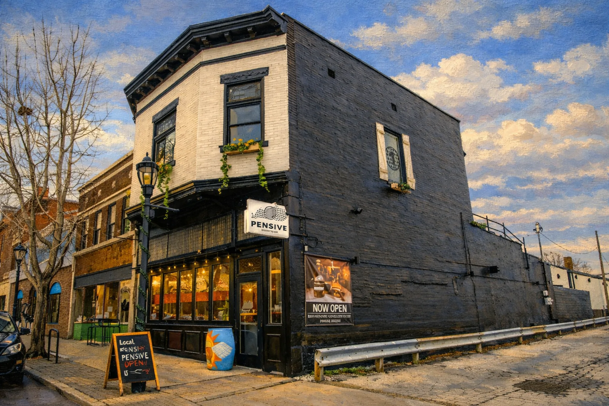 Pensive Distilling Company exterior corner building with Pensive sign, lit windows, and a “Now Open” banner on the brick facade.
