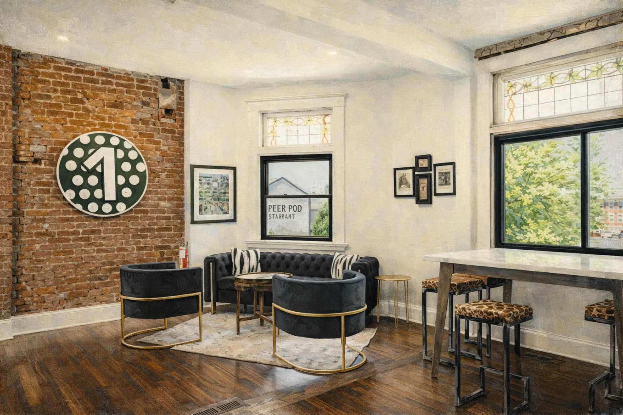 Pensive Distilling Company seating area with black lounge chairs, brick accent wall, and a circular logo sign.