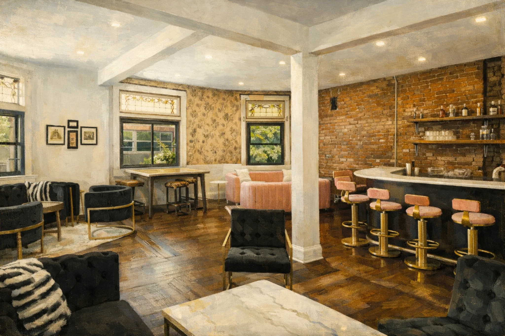 Wide interior view of Pensive Distilling Company showing the lounge seating area and bar with pink stools and brick walls.