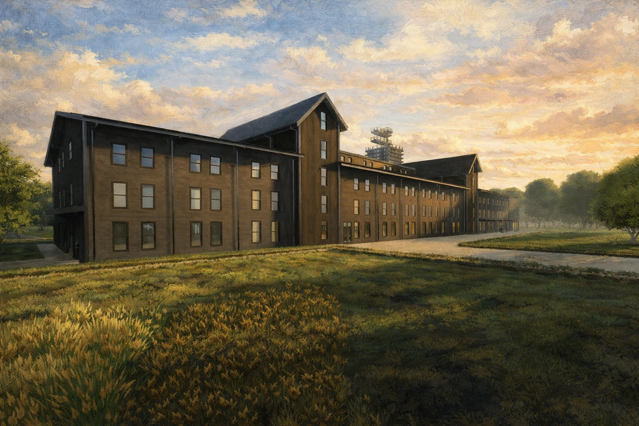 Side view of the Potter Jane Distillery complex stretching into the distance across grassy grounds under a warm, cloudy sunset sky.