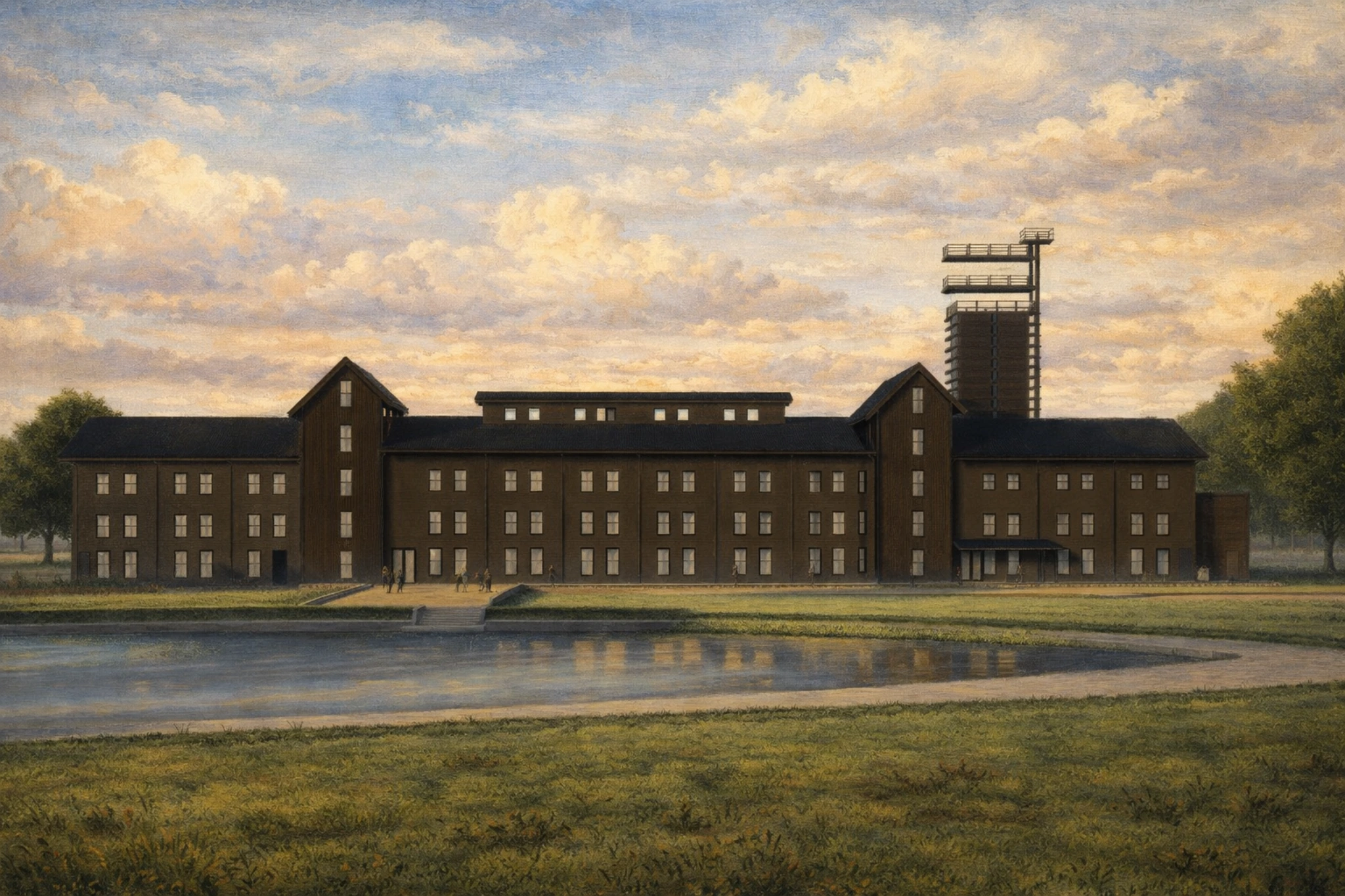 Potter Jane Distillery main building at sunset reflected in a pond, with a tall tower rising behind the long, barn-style structure.