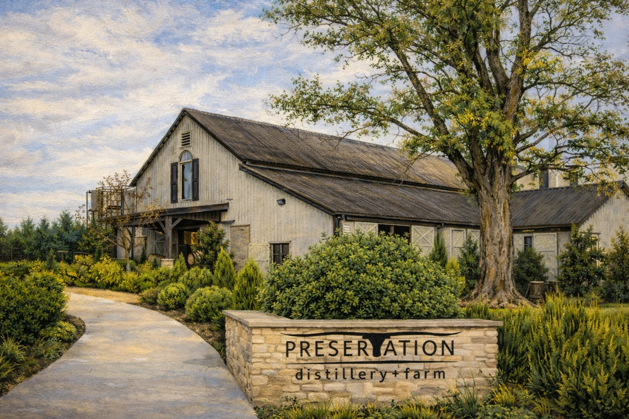 Preservation Distillery & Farm entrance with stone sign reading “PRESERVATION distillery+farm” and a rustic barn-style building behind landscaped gardens.