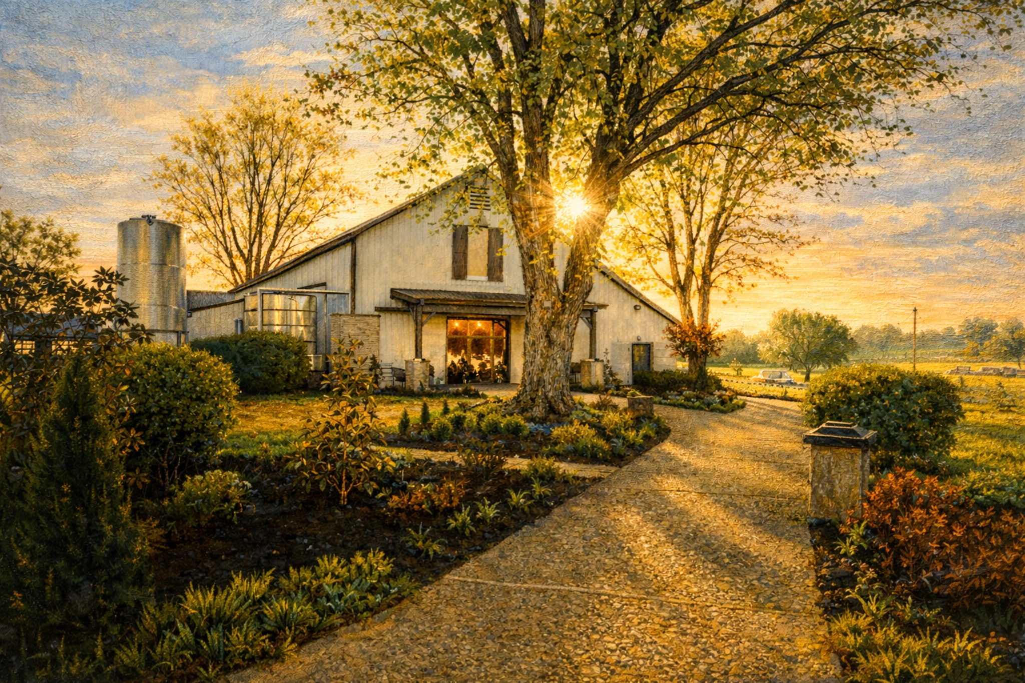 Sunrise view at Preservation Distillery & Farm with a gravel driveway leading to the barn-style building and warm light filtering through a large tree.