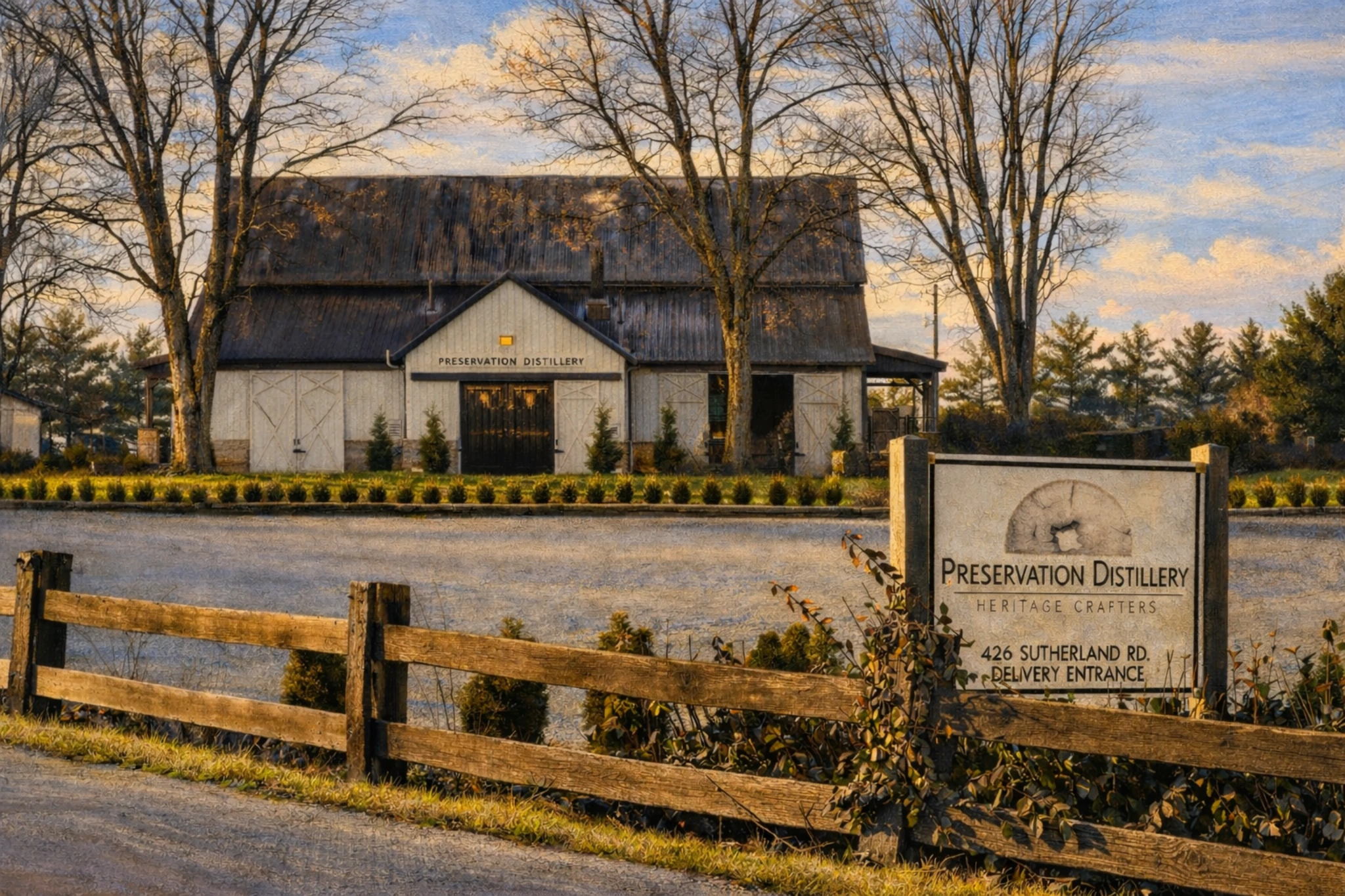 Roadside sign for Preservation Distillery Heritage Crafters with the distillery barn in the background and a wooden fence in the foreground.
