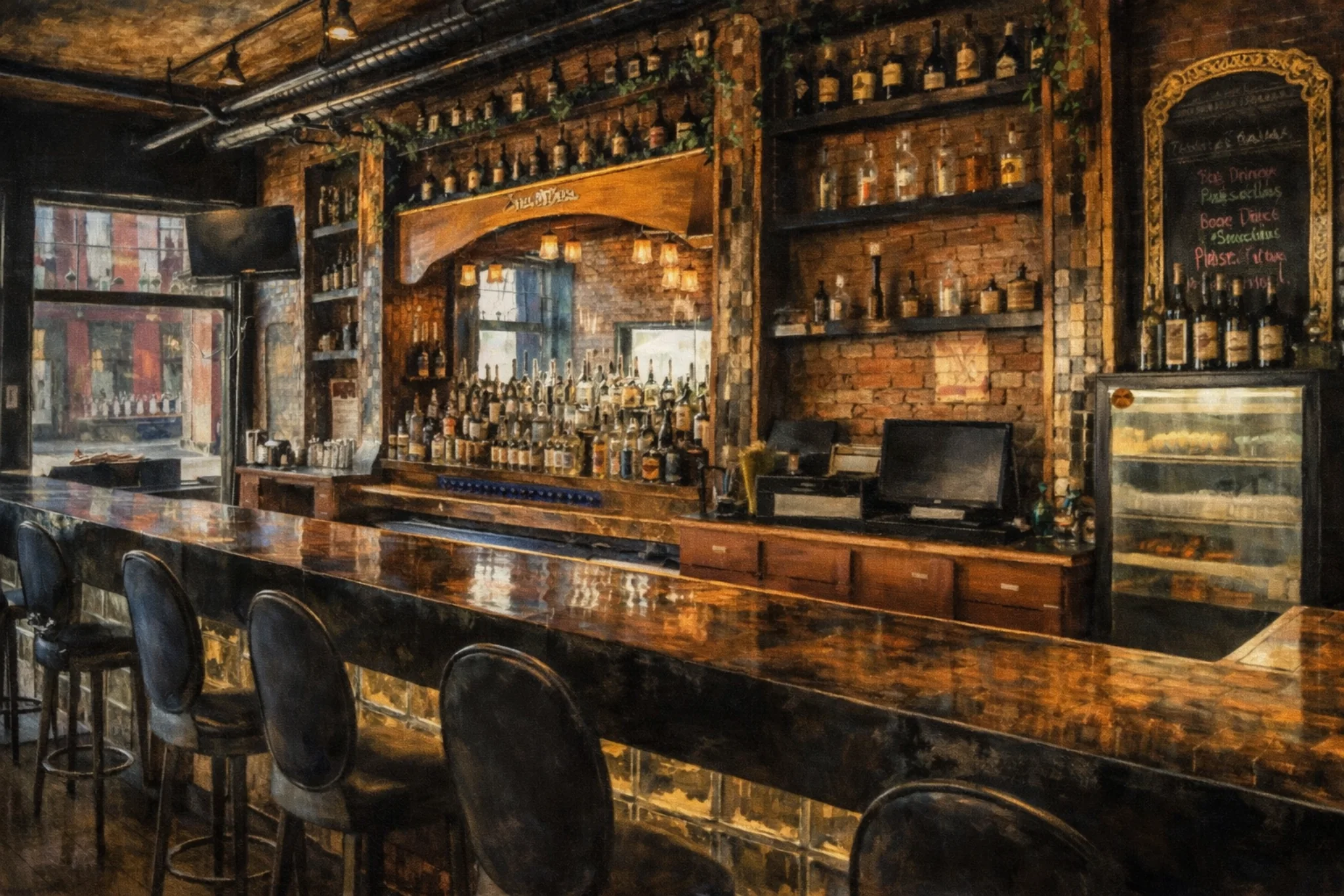 Brick-walled bar interior with a glossy wooden bar top, back bar shelves filled with bottles, and a chalkboard menu.