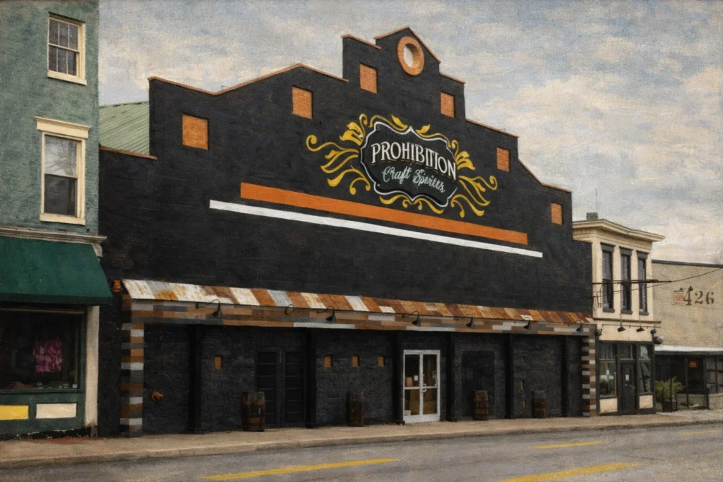 Exterior street view of Prohibition Craft Spirits with large painted signage on a black facade and a striped awning over the entrance.