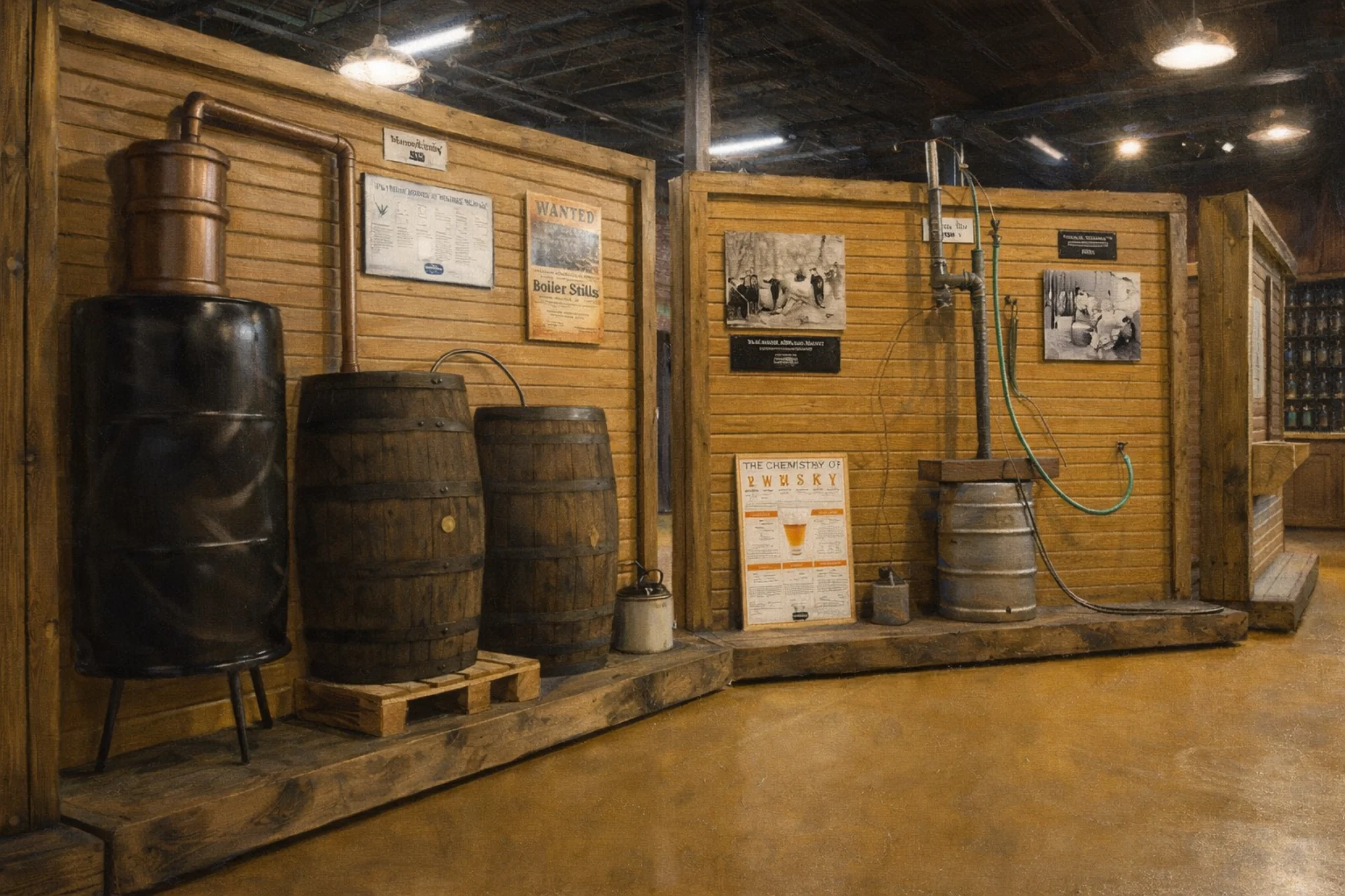 Indoor exhibit at Prohibition Craft Spirits showing a small still setup, barrels, and educational signage mounted on wooden walls.