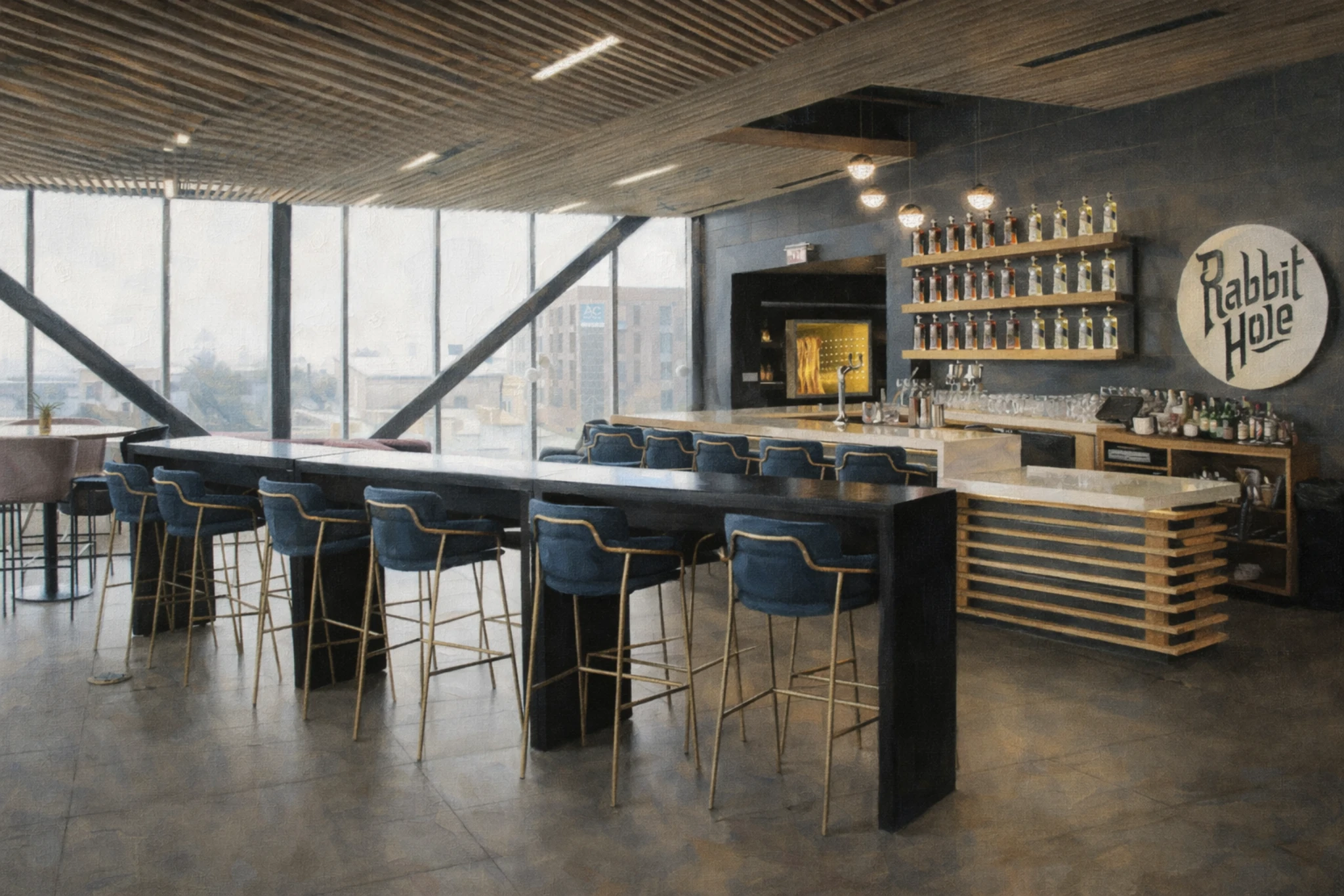 Rabbit Hole Distillery overlook bar showcasing suspended bottle displays, blue seating, and modern lighting design.