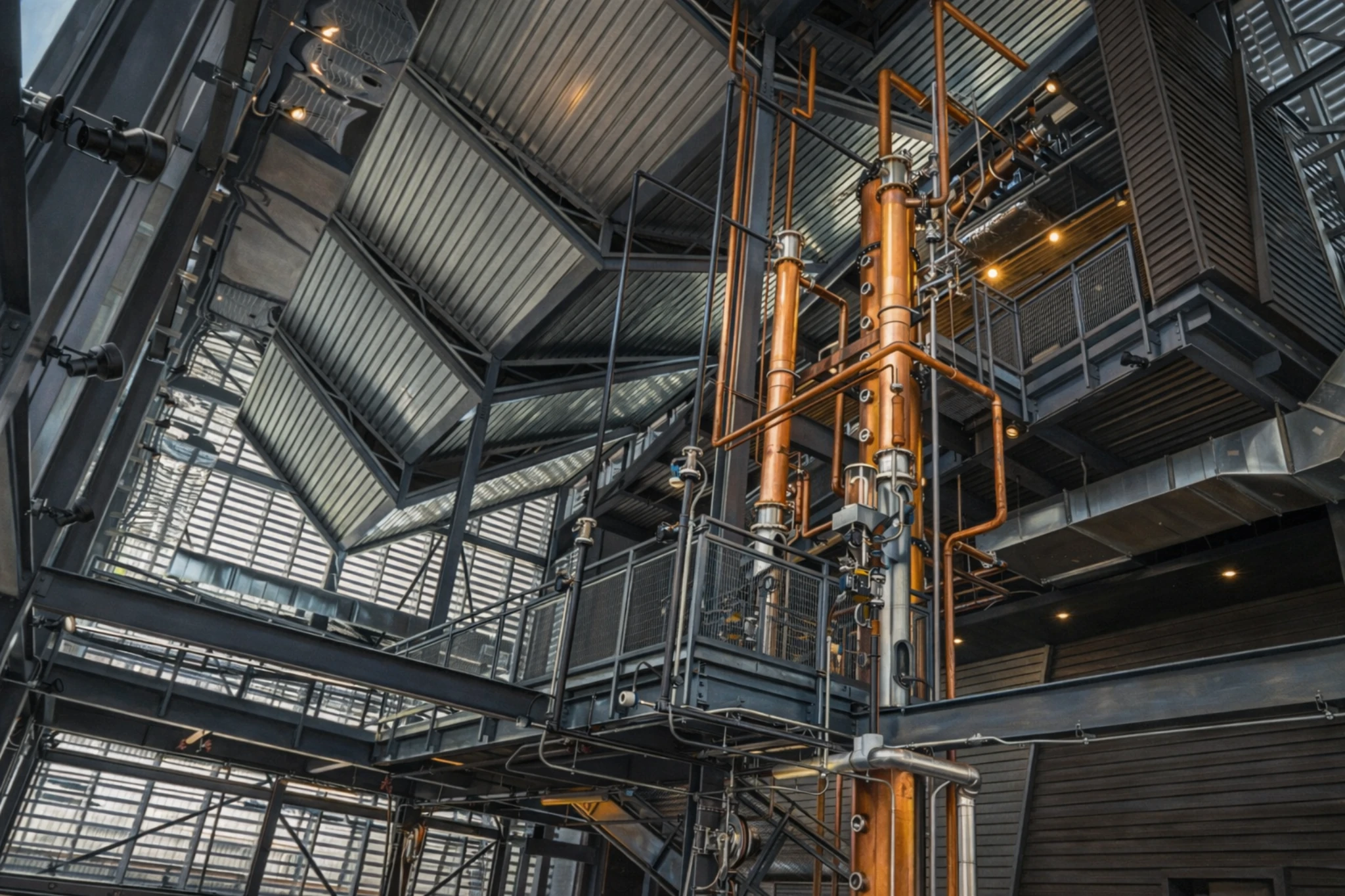 Interior view of Rabbit Hole Distillery featuring tall copper still columns, steel catwalks, and modern industrial architecture.