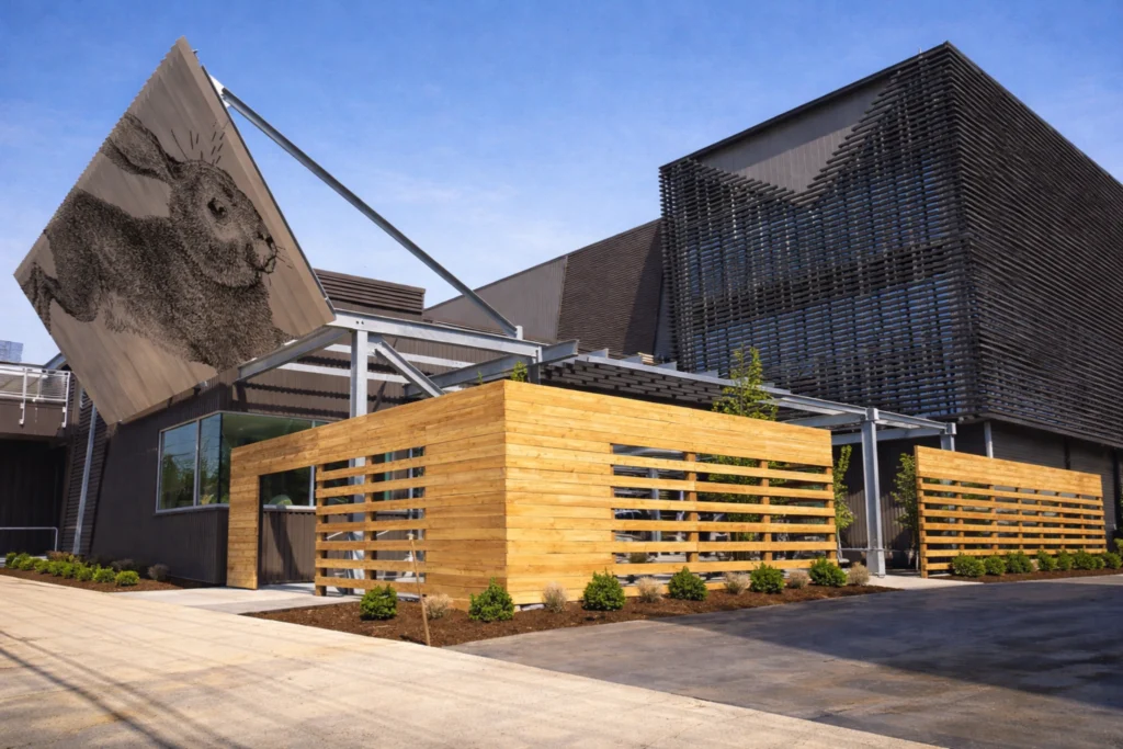 Exterior of Rabbit Hole Distillery displaying modern wood and metal architecture with a sculptural rabbit artwork.