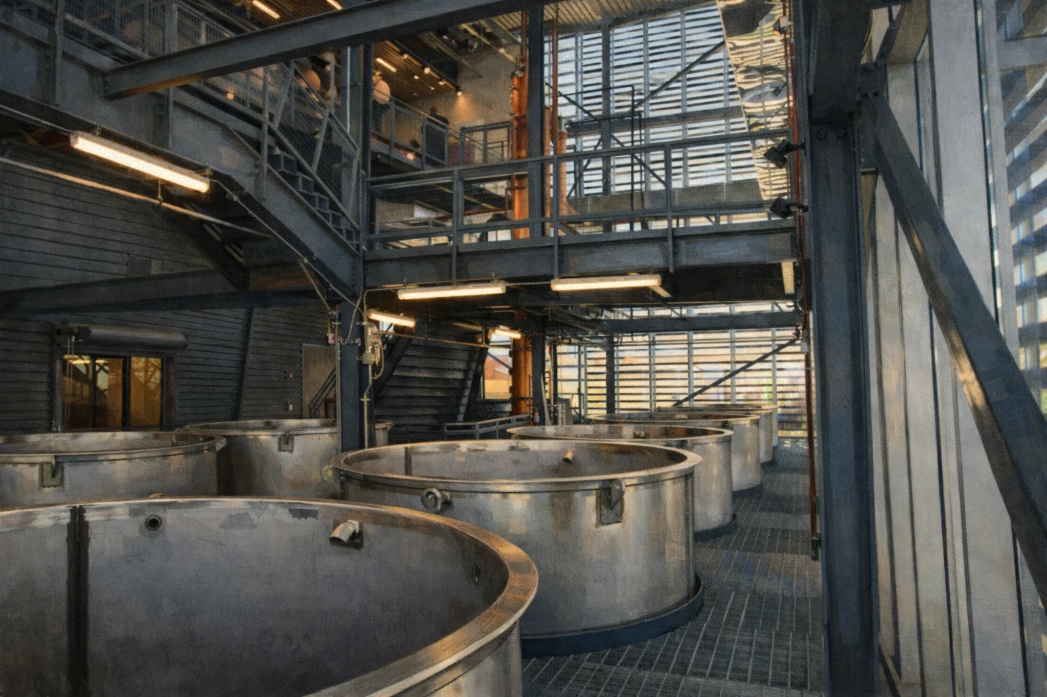Interior view of Rabbit Hole Distillery showing large stainless steel fermentation tanks beneath metal catwalks and industrial lighting.