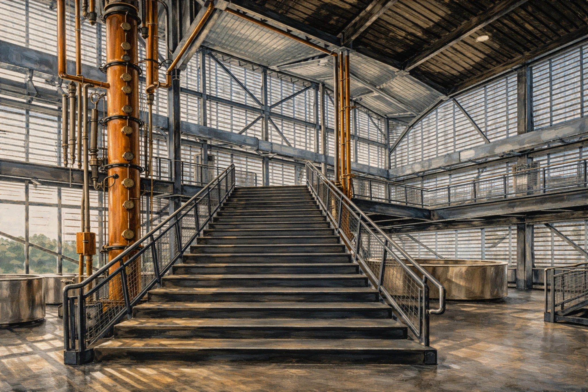 Grand staircase inside Rabbit Hole Distillery featuring a central copper distillation column, metal railings, and open industrial design.
