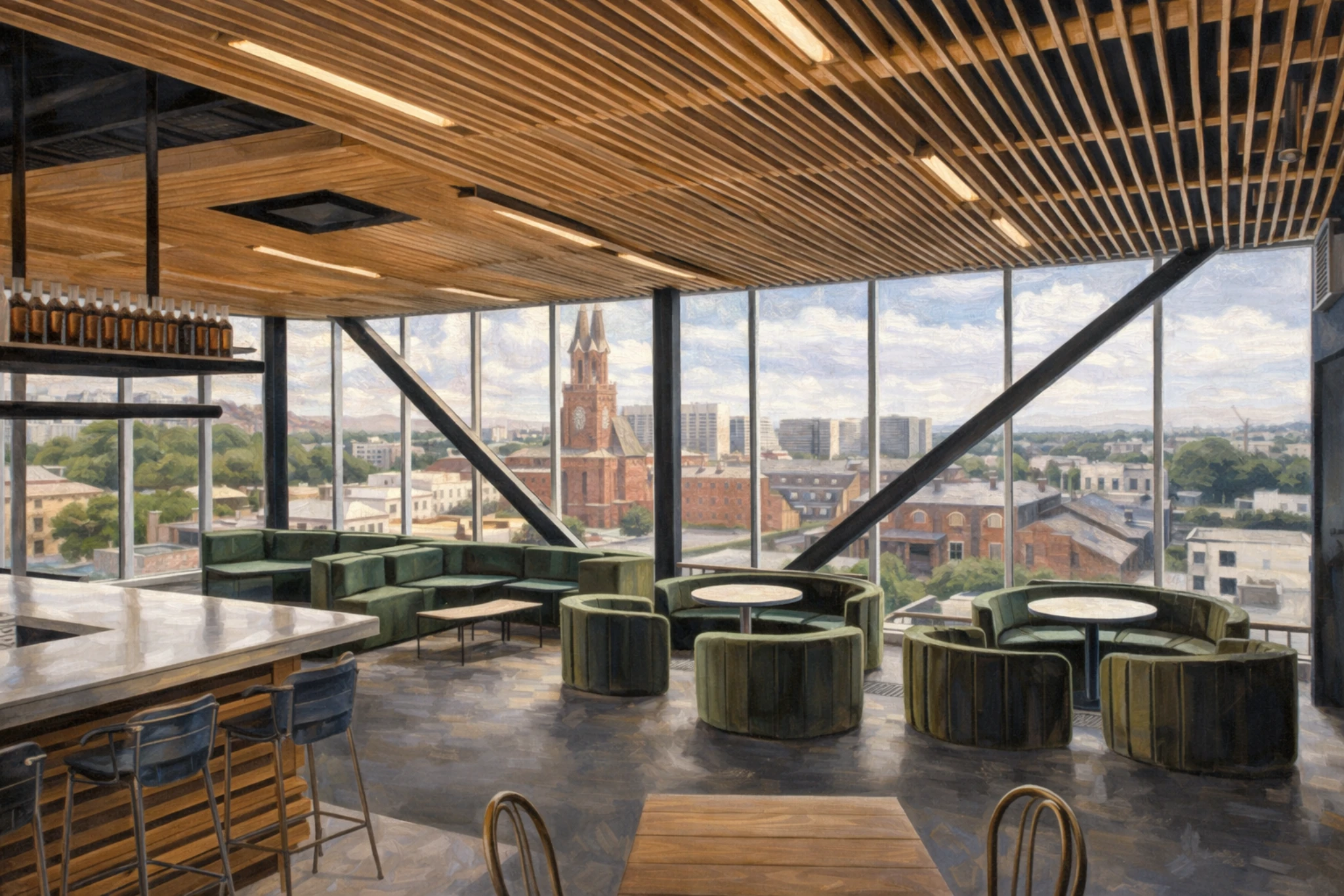 Rabbit Hole Distillery overlook lounge with green seating areas and large windows showcasing the Louisville skyline.