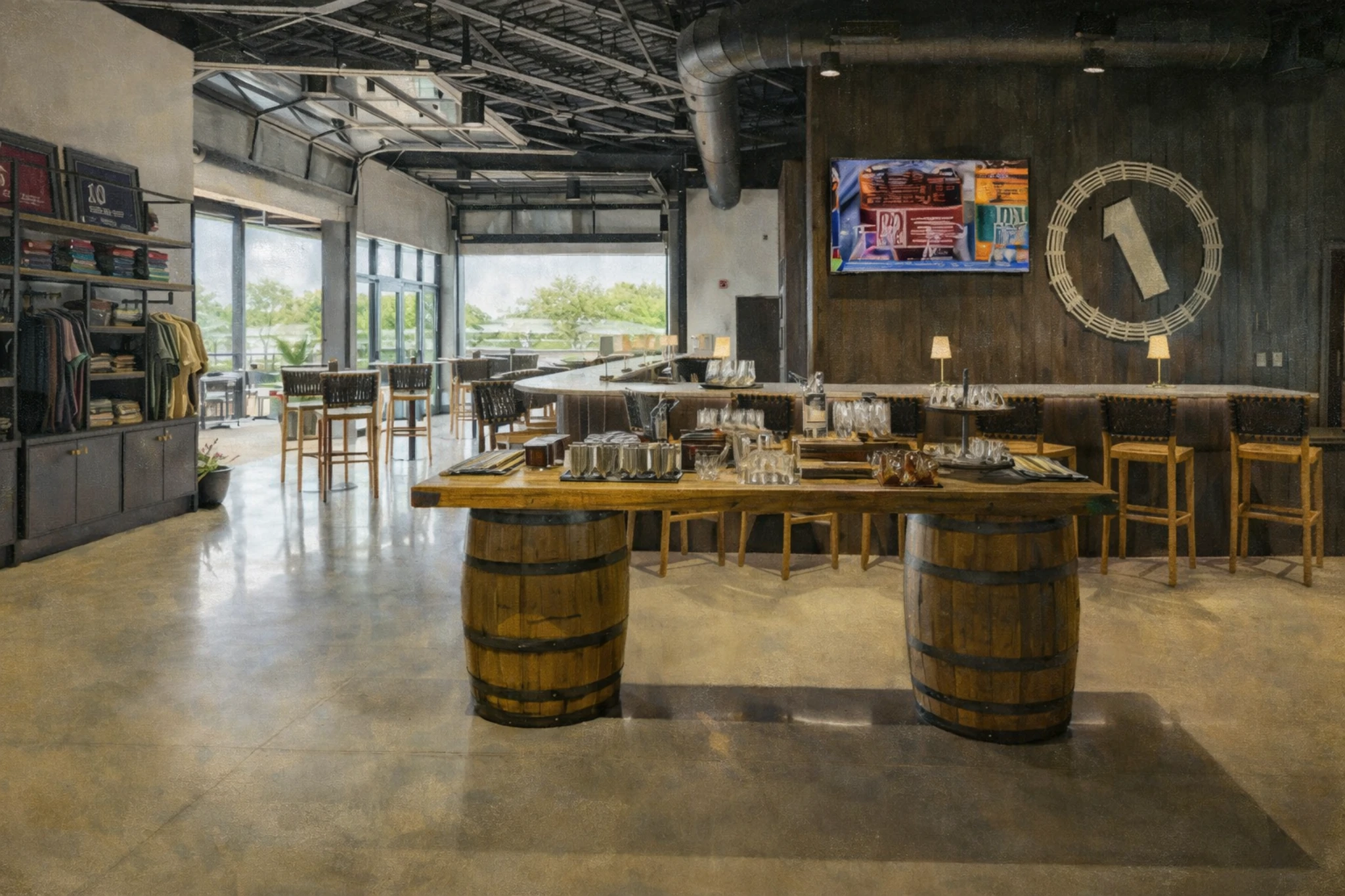 RD1 Spirits Distillery tasting area with a barrel-style table set for guided tastings and a view of the bar behind it.