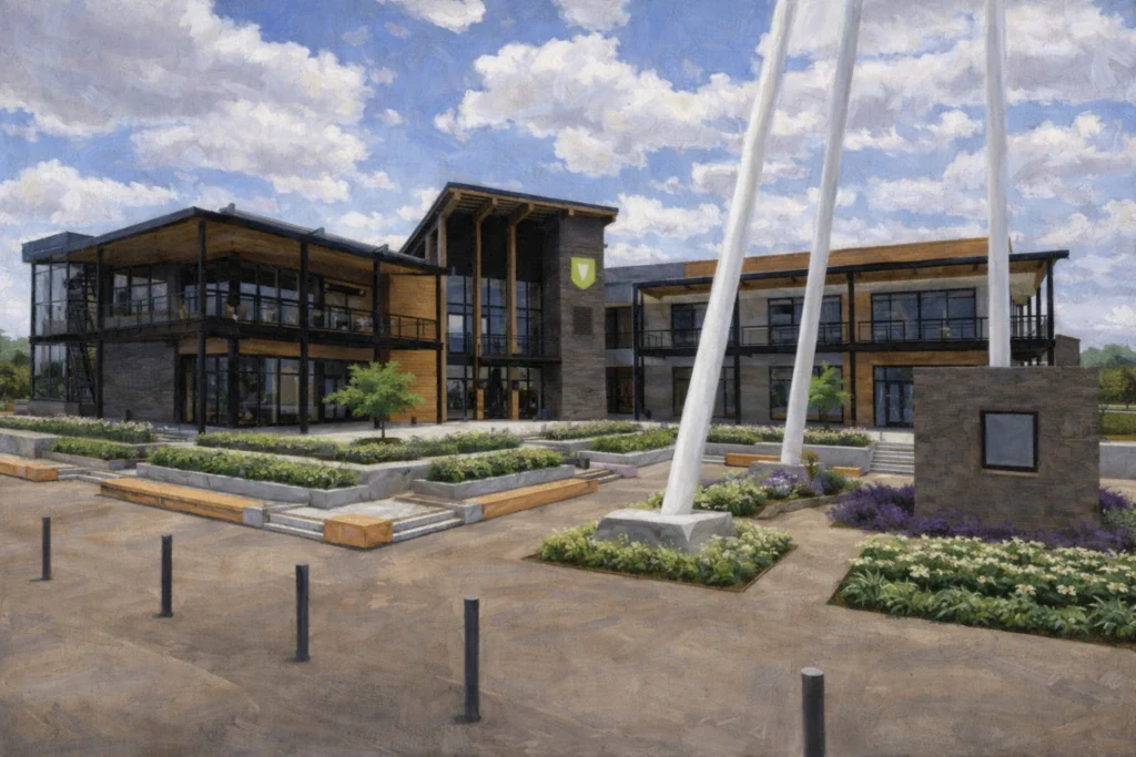 Exterior view of the RD1 Spirits Distillery campus with modern buildings, landscaped walkways, and open courtyard areas.