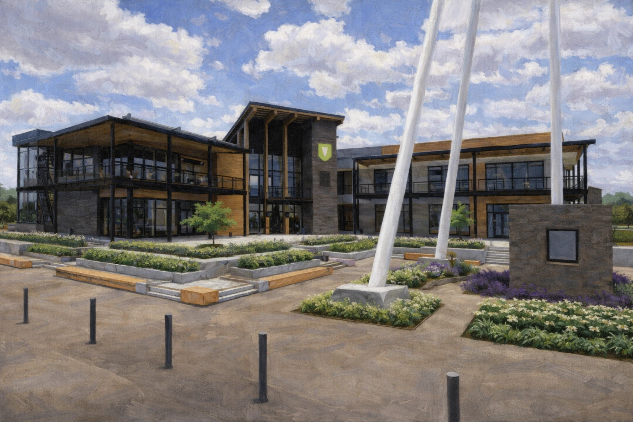 Exterior view of the RD1 Spirits Distillery campus with modern buildings, landscaped walkways, and open courtyard areas.
