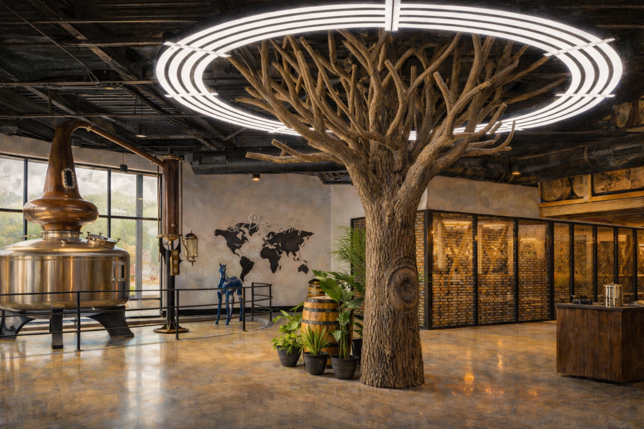 Interior lobby of RD1 Spirits Distillery featuring a sculptural tree centerpiece beneath a circular light fixture, with a copper still, barrel displays, and modern tasting space in the background.