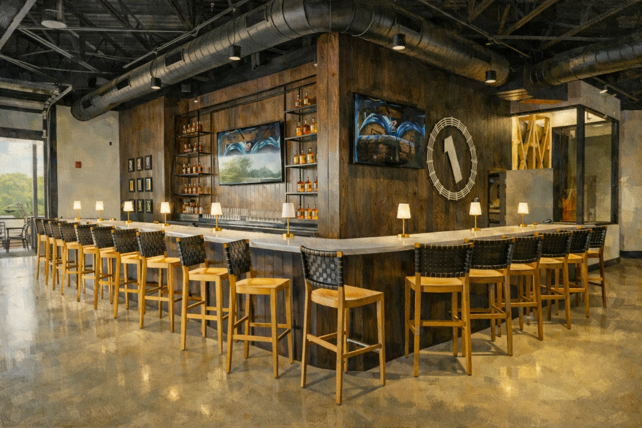 Main bar area inside RD1 Spirits Distillery featuring wood finishes, bar seating, wall-mounted displays, and branded decor.
