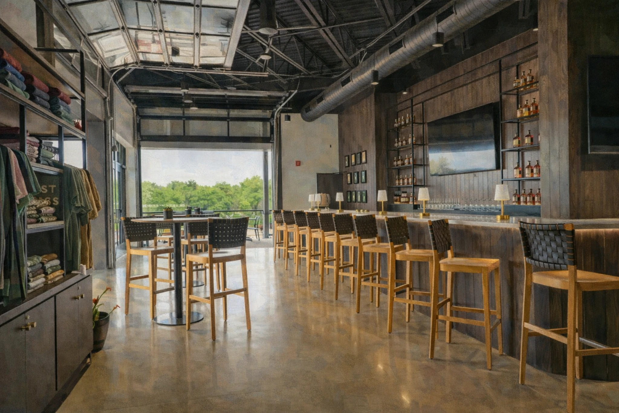 Interior tasting bar at RD1 Spirits Distillery with high-top seating, bottle displays, and large open garage doors.