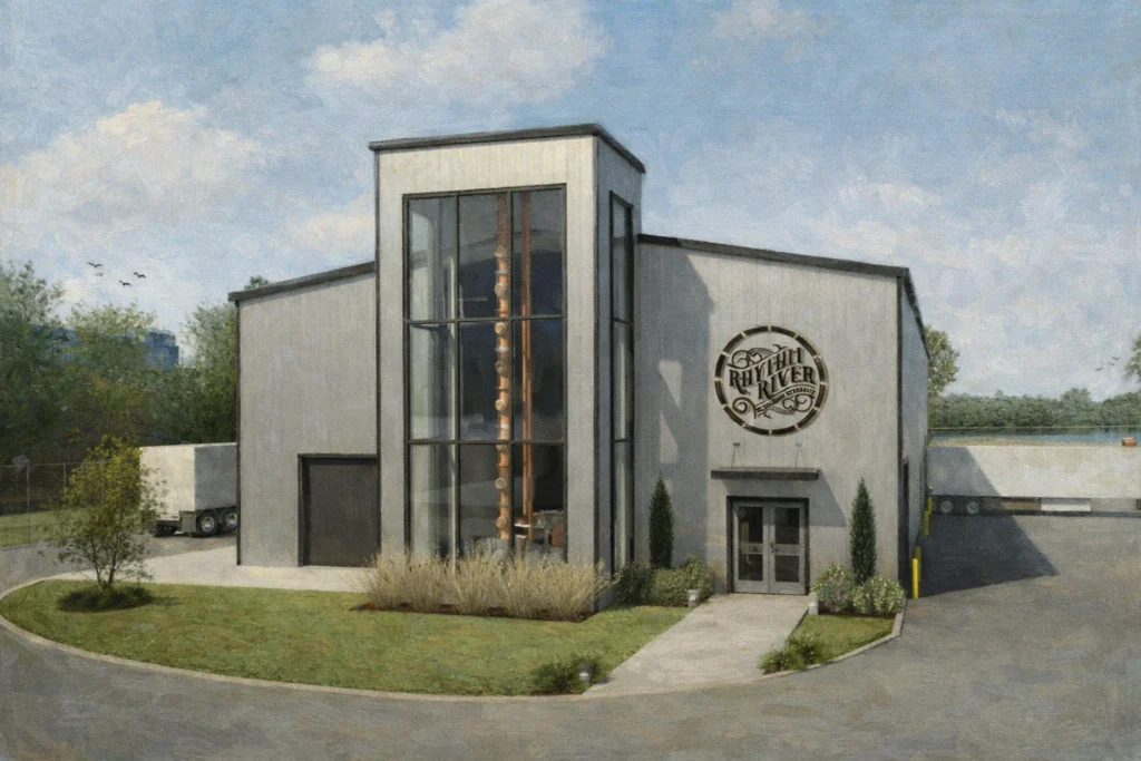 Exterior view of Rhythm River Distillery in Henderson, Kentucky, featuring a modern gray building with a tall glass tower revealing copper distillation columns and the Rhythm River logo above the entrance.