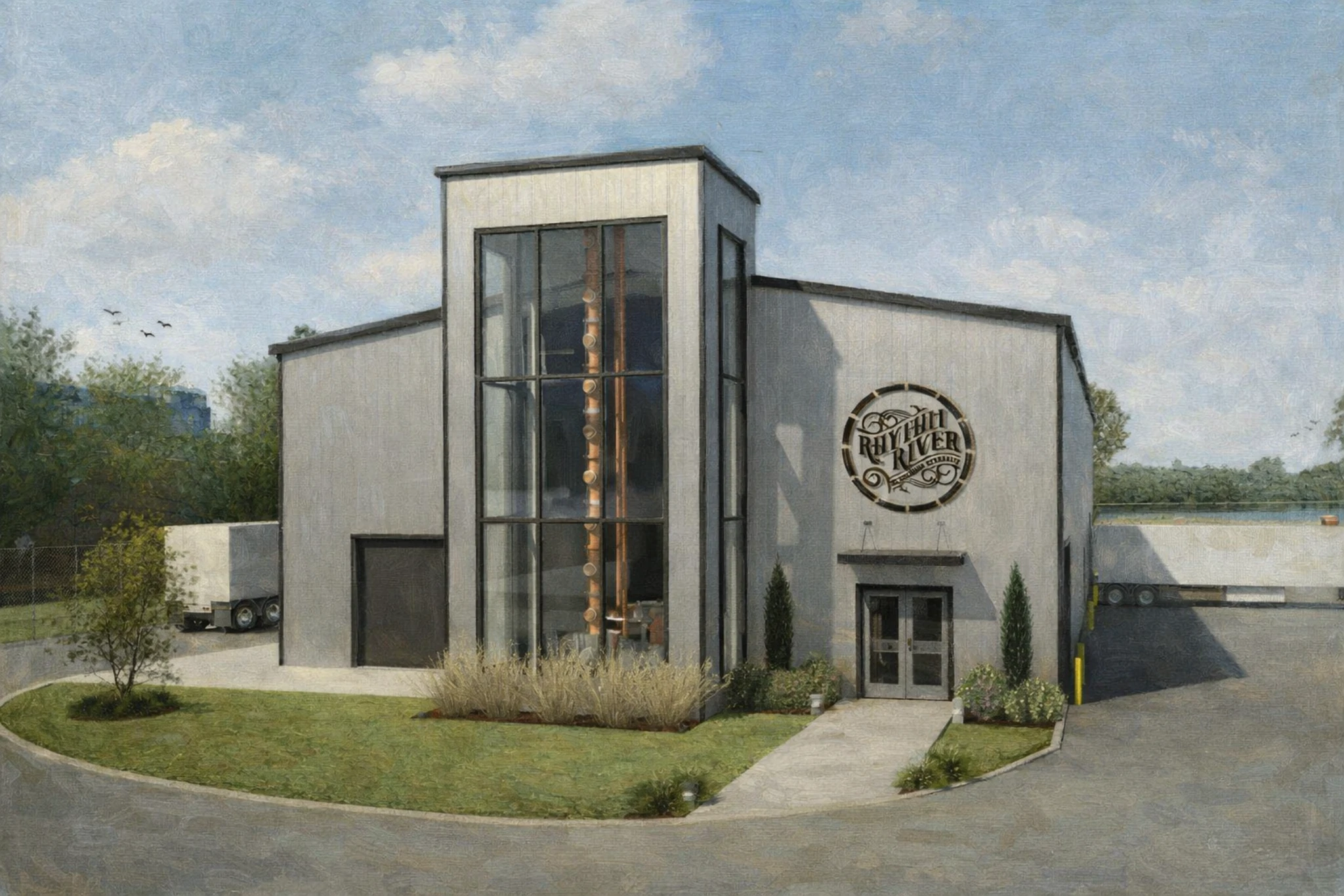 Exterior view of Rhythm River Distillery in Henderson, Kentucky, featuring a modern gray building with a tall glass tower revealing copper distillation columns and the Rhythm River logo above the entrance.