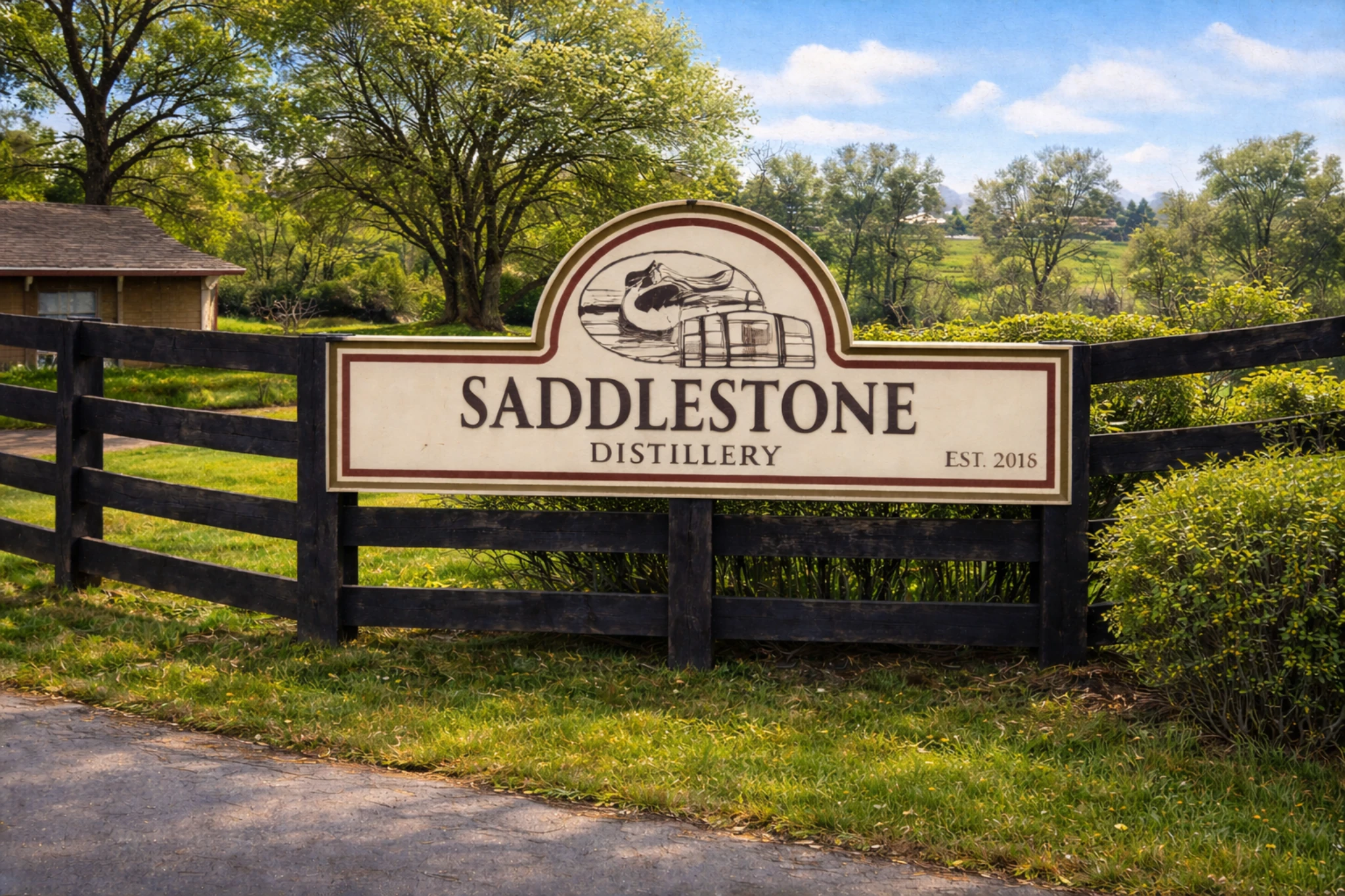 Entrance sign for Saddlestone Distillery reading “Saddlestone Distillery – Est. 2018,” mounted on a wooden fence with rolling countryside and trees in the background.