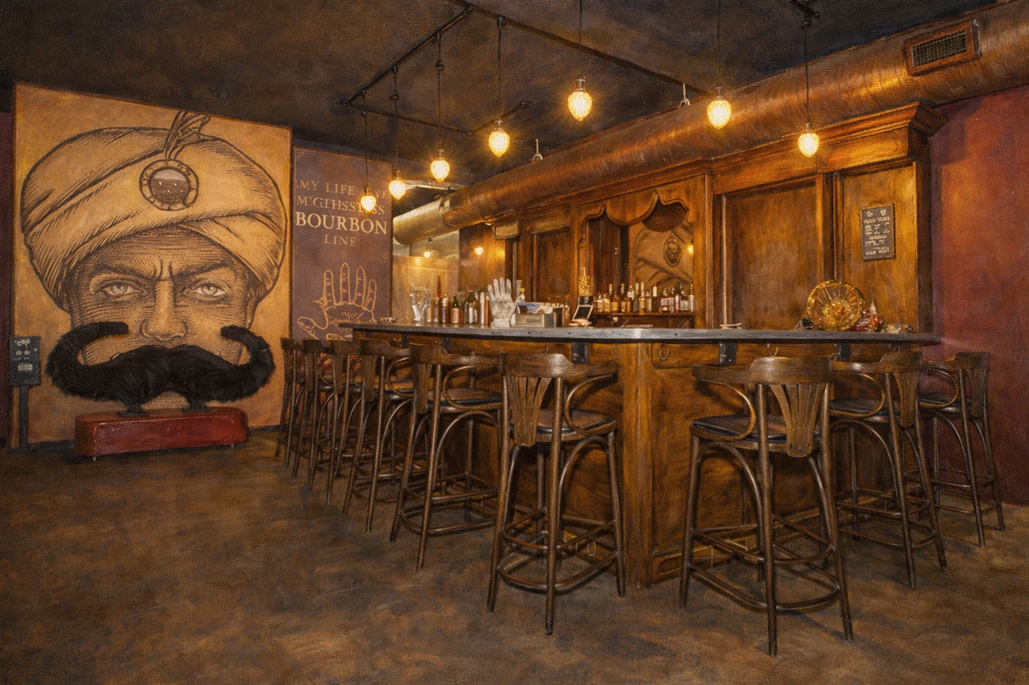 Interior bar at Second Sight Spirits Distillery featuring wood bar seating, bottle displays, hanging lights, and vintage-style décor.