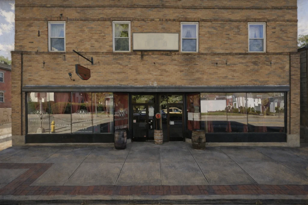 Brick storefront exterior of Second Sight Spirits Distillery with large display windows, barrels outside the entrance, and downtown sidewalk frontage.