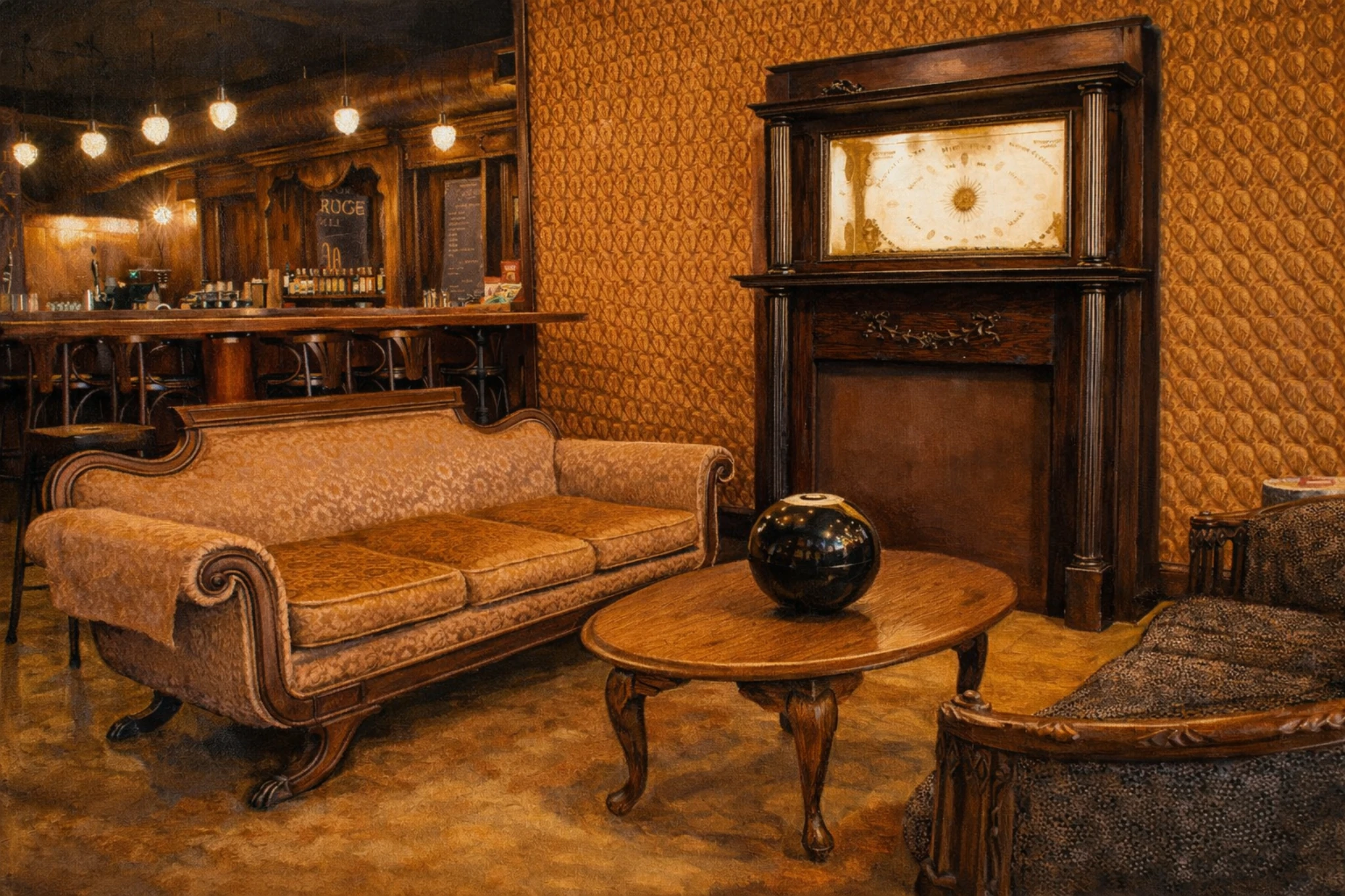 Vintage-style lounge area inside Second Sight Spirits Distillery featuring upholstered seating, wood furniture, and a warm, atmospheric tasting space.
