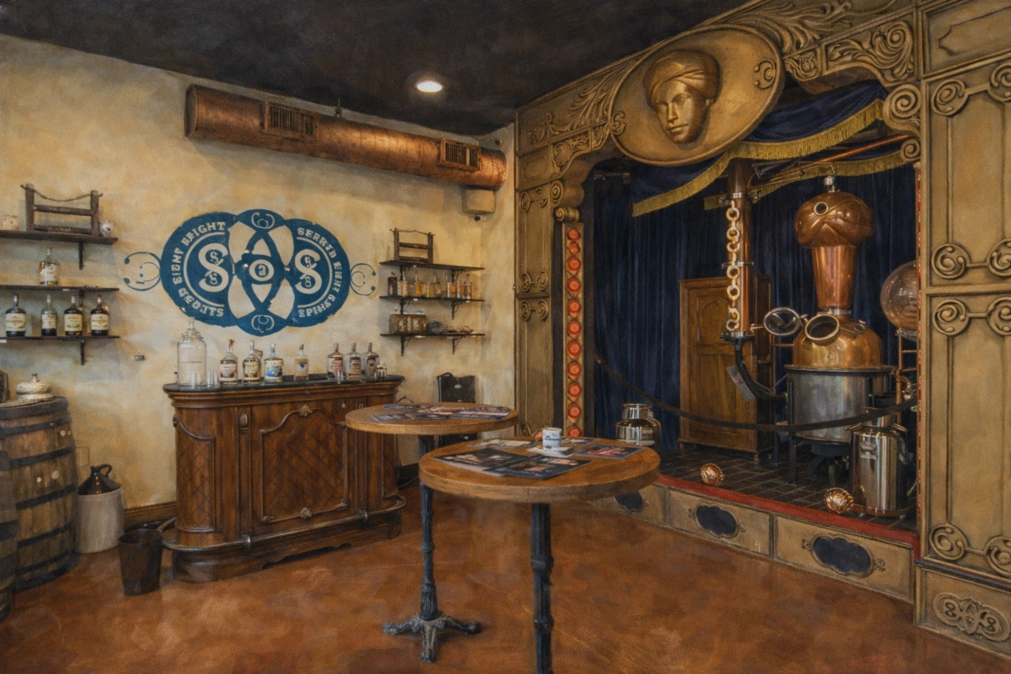 Second Sight Spirits Distillery tasting room showcasing a decorative copper still display, branded wall art, and shelves of bottled spirits.