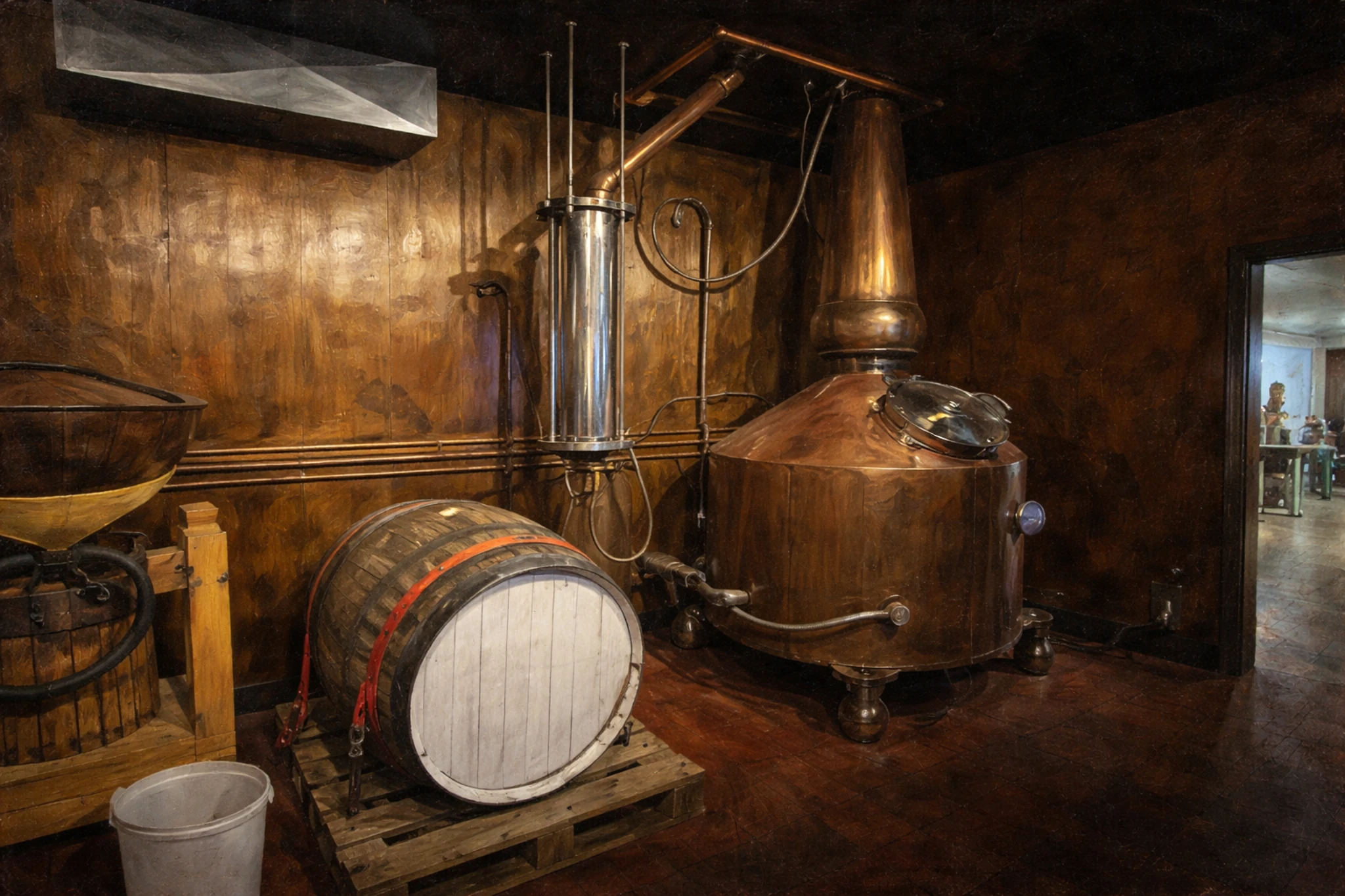 Copper pot still inside Silent Brigade Distillery production room, featuring wood-paneled walls, a barrel resting nearby, and traditional distilling equipment.