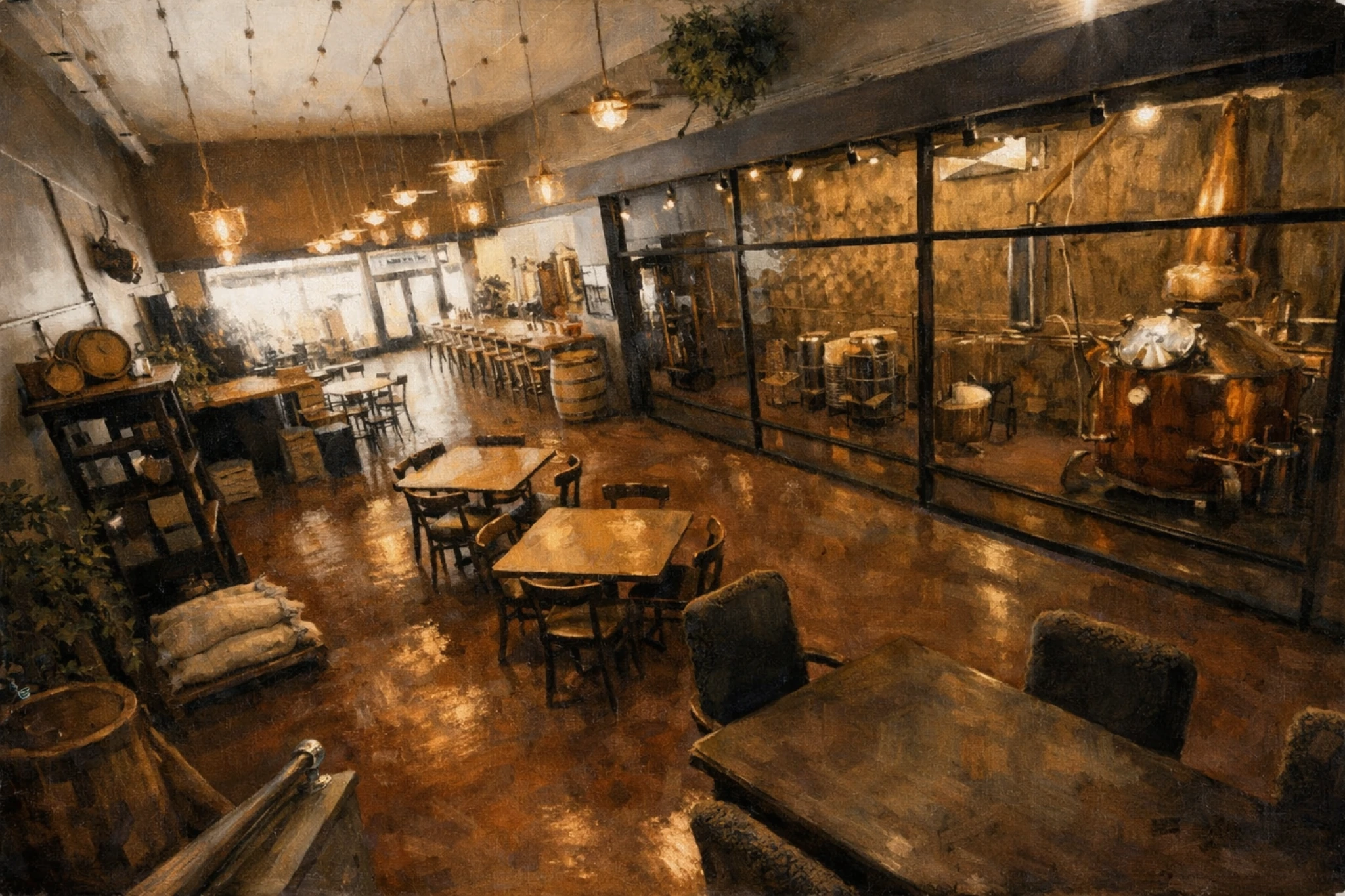 Interior of Silent Brigade Distillery tasting room with tables and seating, warm lighting, and a glass wall revealing copper stills behind it.