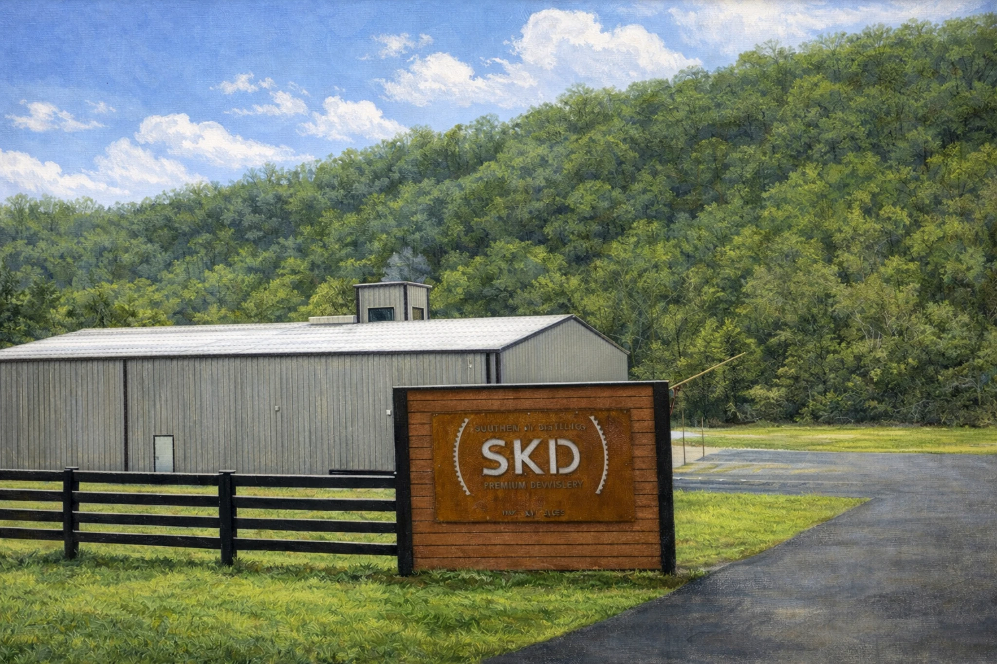 Entrance sign for Southern Kentucky Distillery displaying the SKD logo and “Premium Beverages,” set along a driveway with fencing and wooded hills nearby.