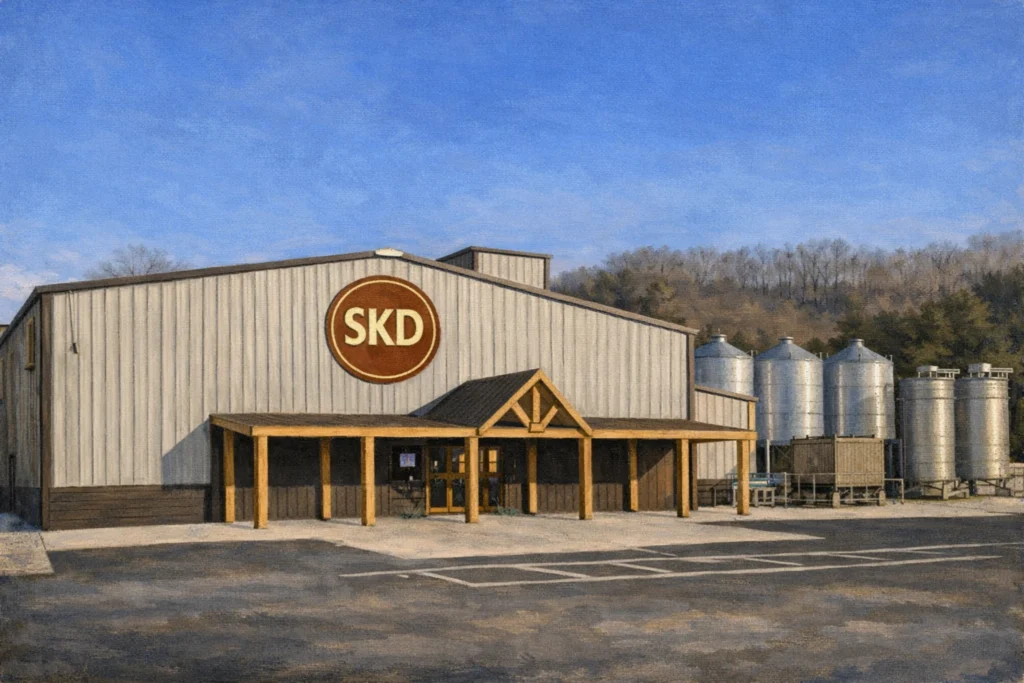Front exterior of Southern Kentucky Distillery featuring a barn-style building with the SKD logo above the entrance and grain silos beside the structure.