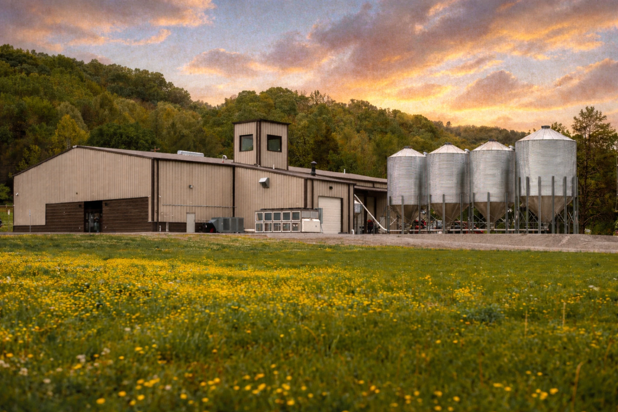 Exterior of Southern Kentucky Distillery at sunset featuring the main production building, metal grain silos, and wildflower-covered fields with wooded hills in the background.