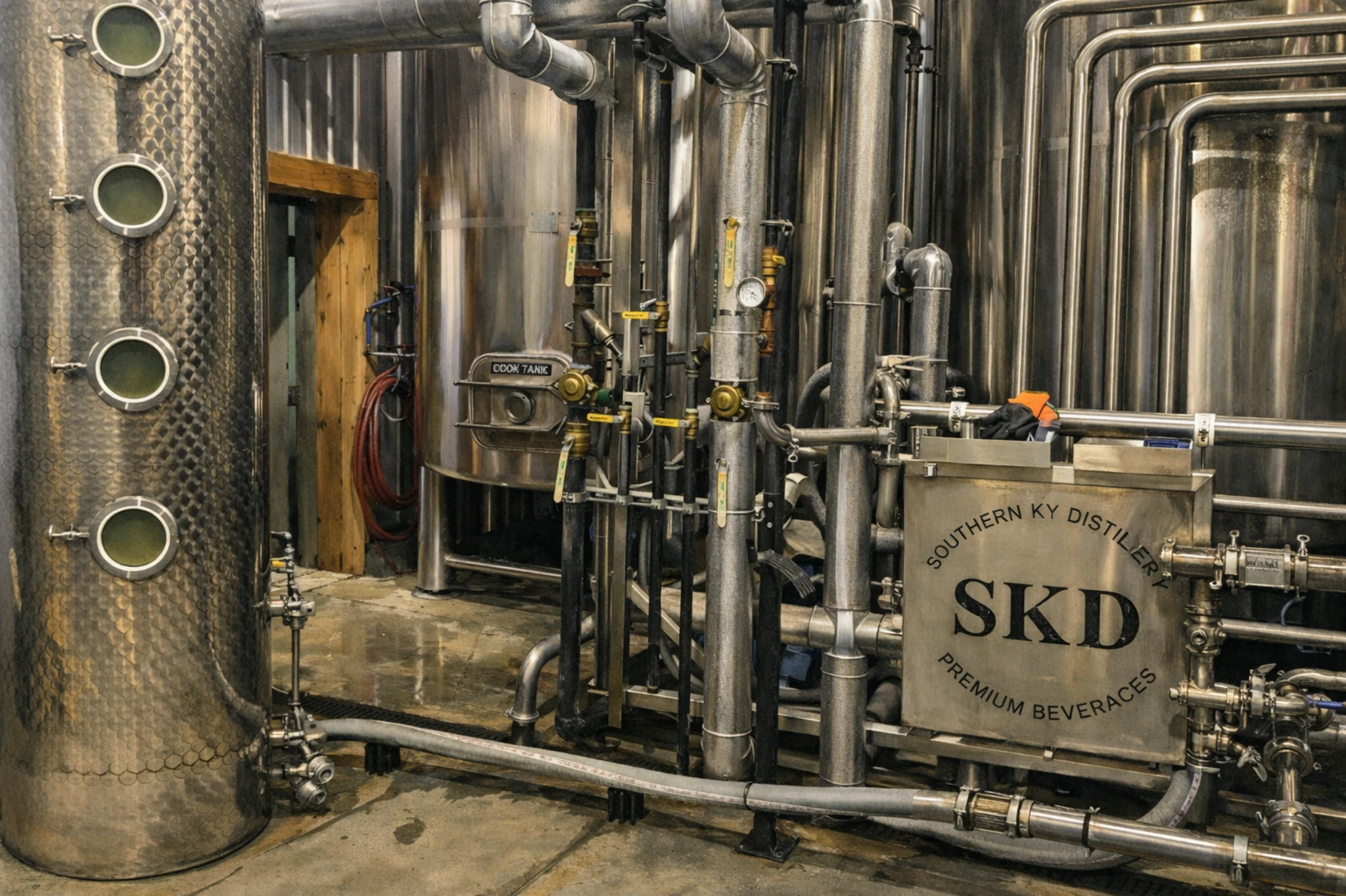 Interior production area at Southern Kentucky Distillery showing stainless steel tanks, exposed piping, valves, and distillation equipment.