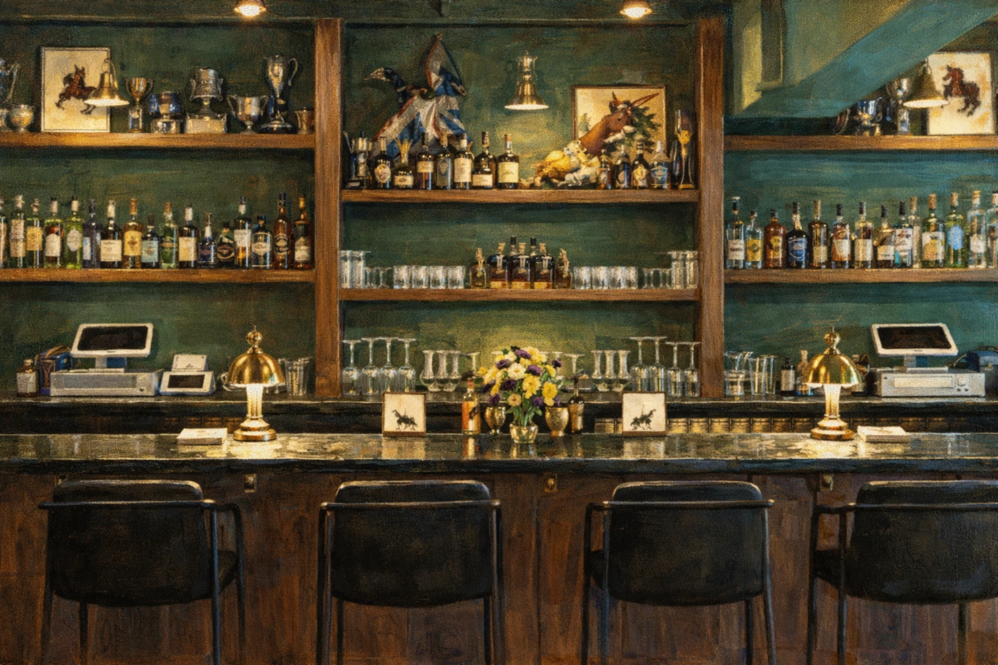 Blade and Bow tasting bar at Stitzel-Weller Distillery with shelves of bourbon bottles and classic bar seating.