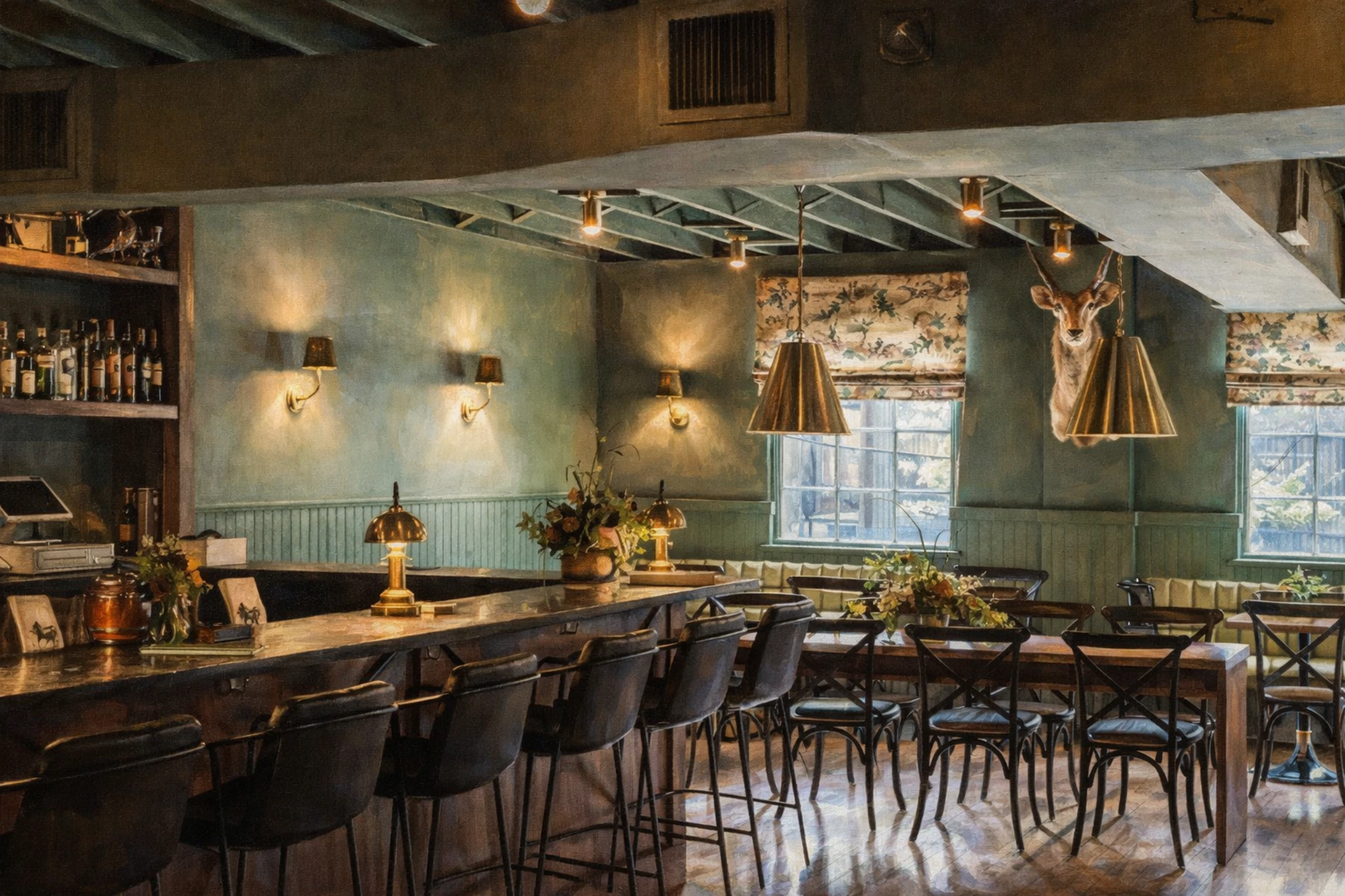 Intimate dining and bar area at Stitzel-Weller Distillery with long tables, mounted décor, and a refined bourbon lounge atmosphere.